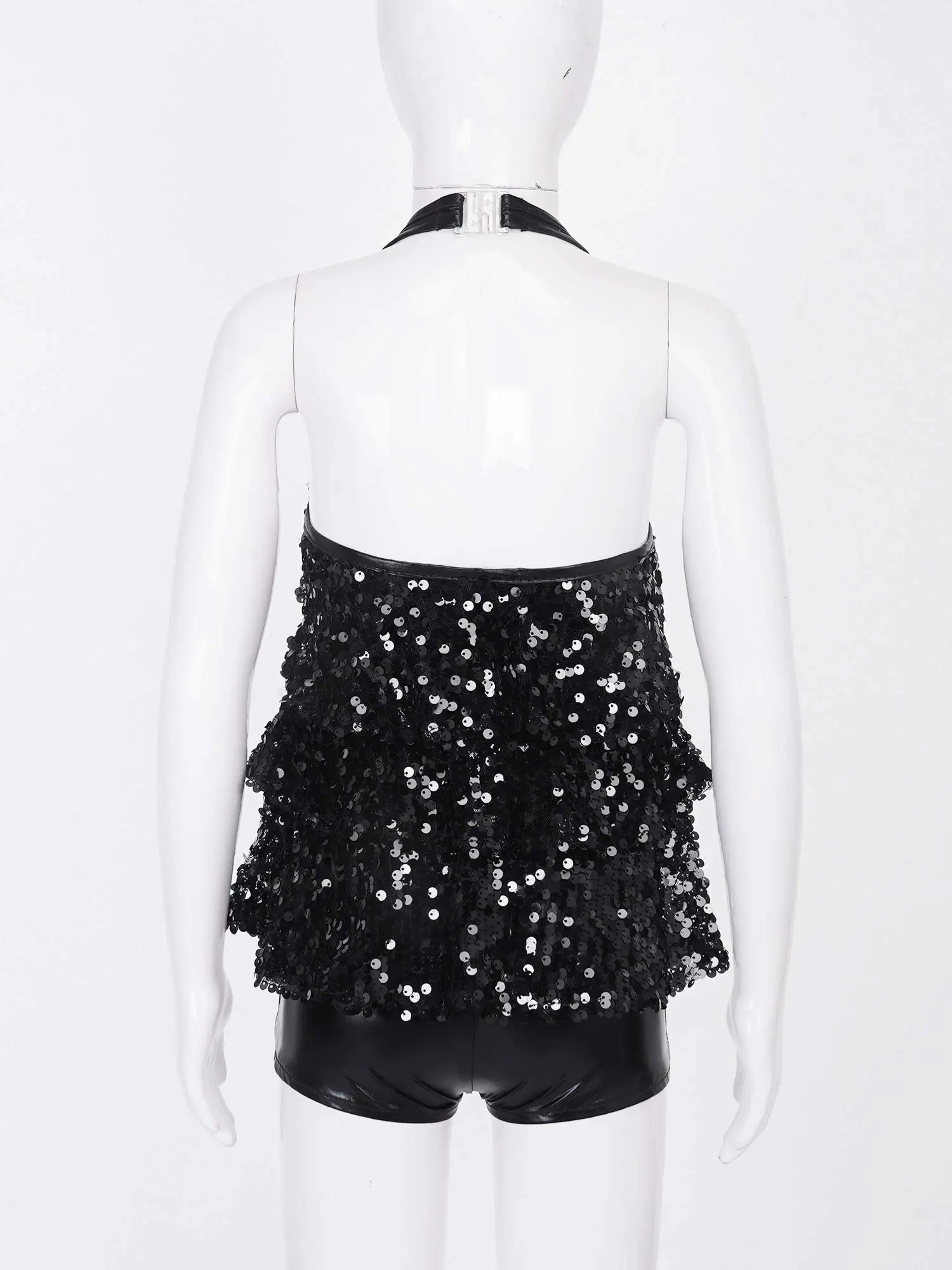 Kids Halter Shiny Sequins Gymnastics Shorty Unitards Dress Girls Ballet Leotard Stage Performance Latin Jazz Dance Costume