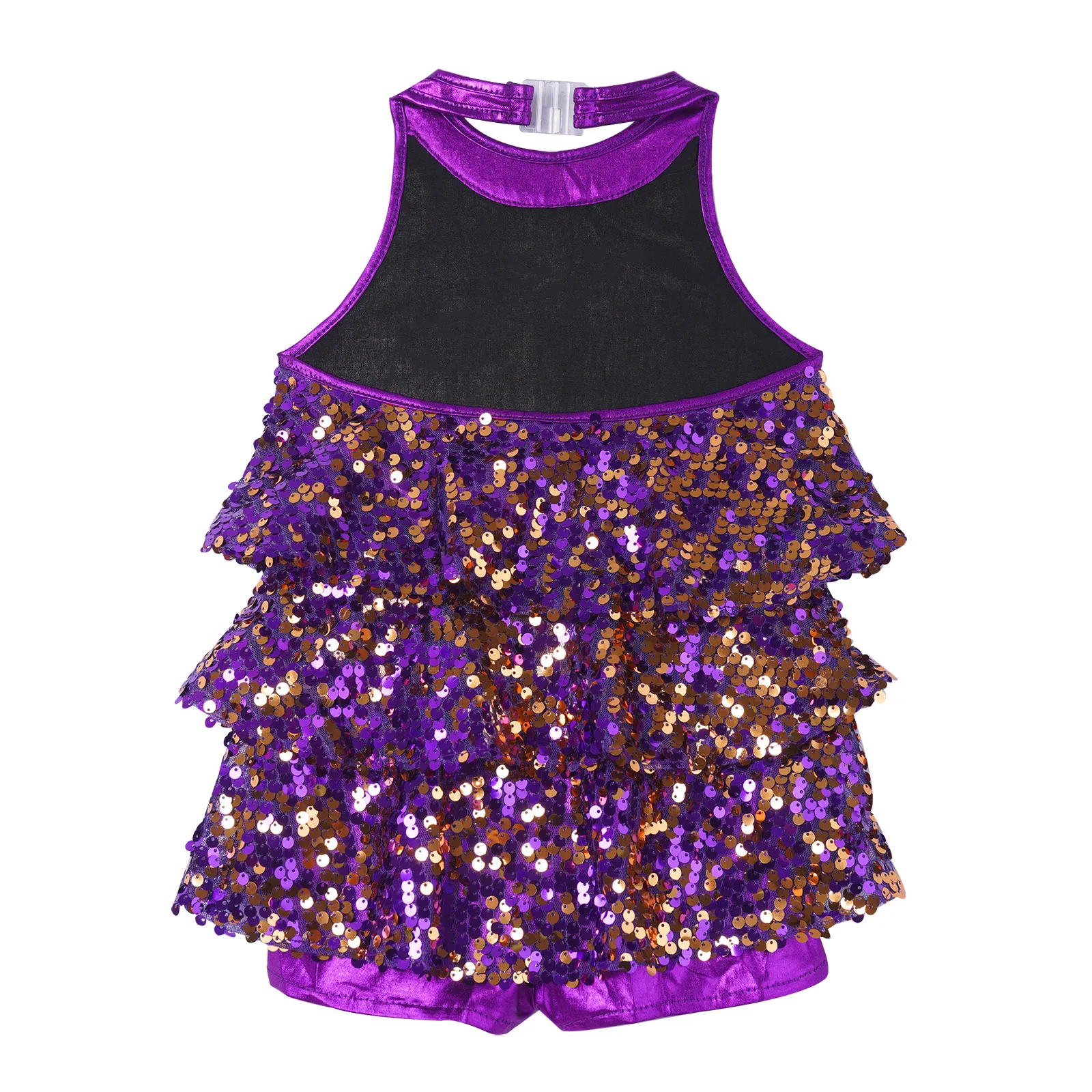 Kids Halter Shiny Sequins Gymnastics Shorty Unitards Dress Girls Ballet Leotard Stage Performance Latin Jazz Dance Costume