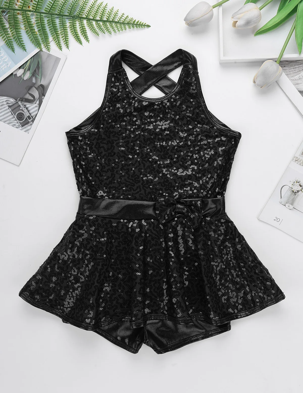Kids Halter Shiny Sequins Gymnastics Shorty Unitards Dress Girls Ballet Leotard Stage Performance Latin Jazz Dance Costume