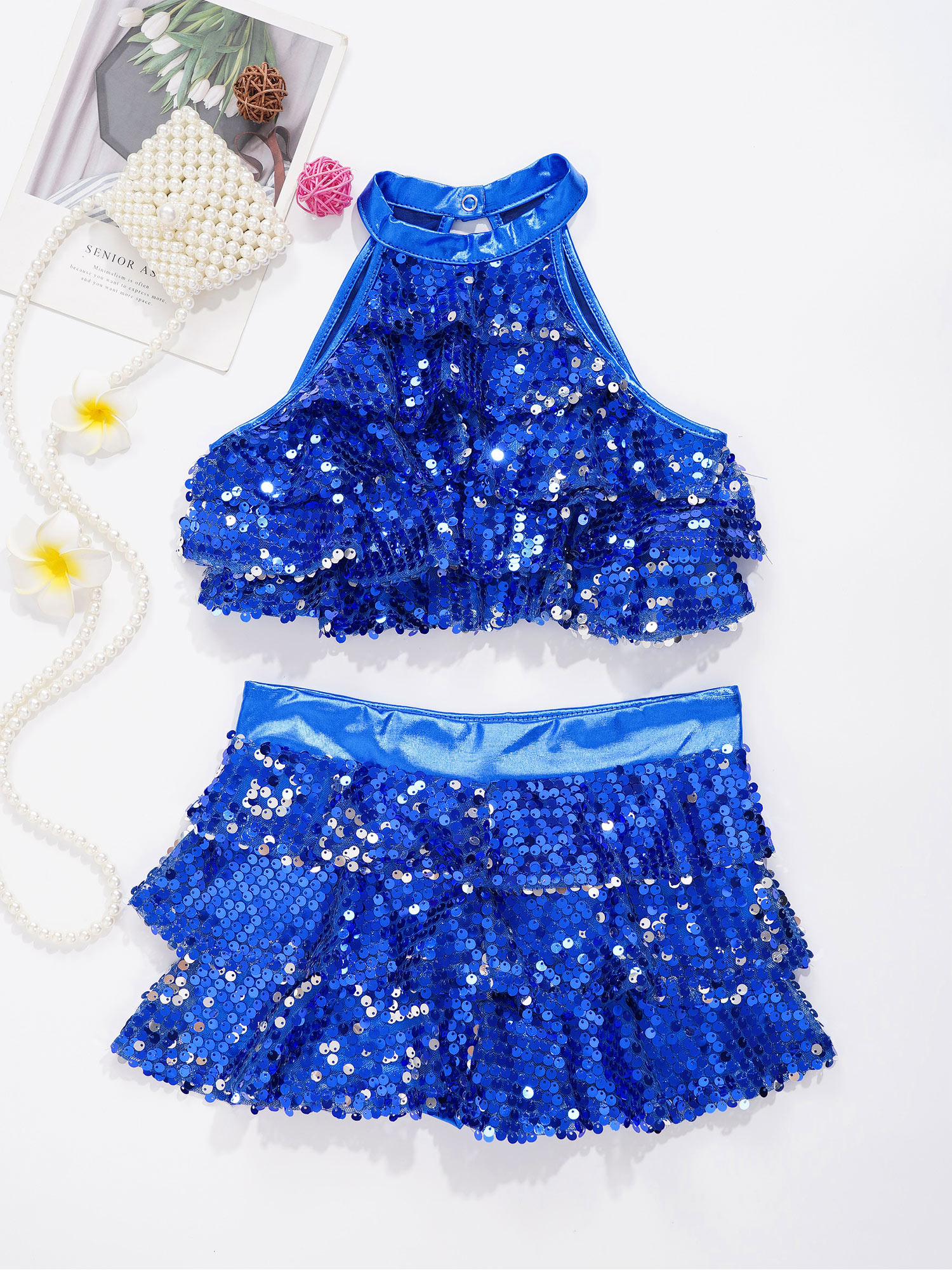 Kids Halter Shiny Sequins Gymnastics Shorty Unitards Dress Girls Ballet Leotard Stage Performance Latin Jazz Dance Costume