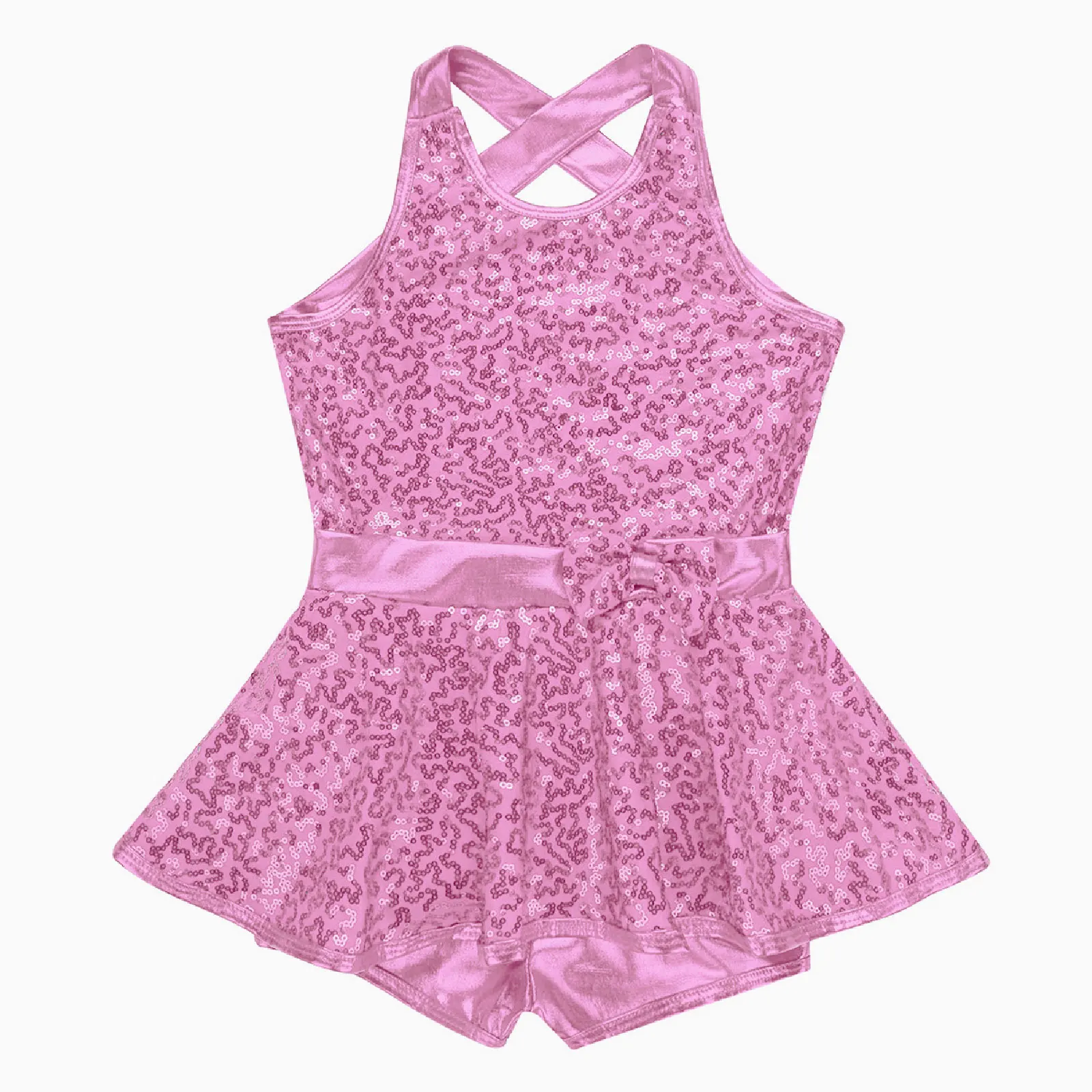 Kids Halter Shiny Sequins Gymnastics Shorty Unitards Dress Girls Ballet Leotard Stage Performance Latin Jazz Dance Costume