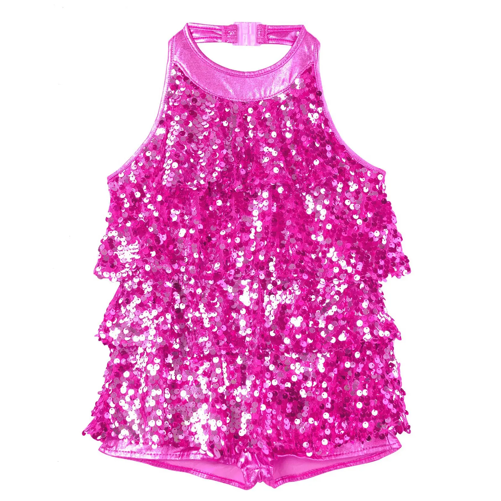 Kids Halter Shiny Sequins Gymnastics Shorty Unitards Dress Girls Ballet Leotard Stage Performance Latin Jazz Dance Costume