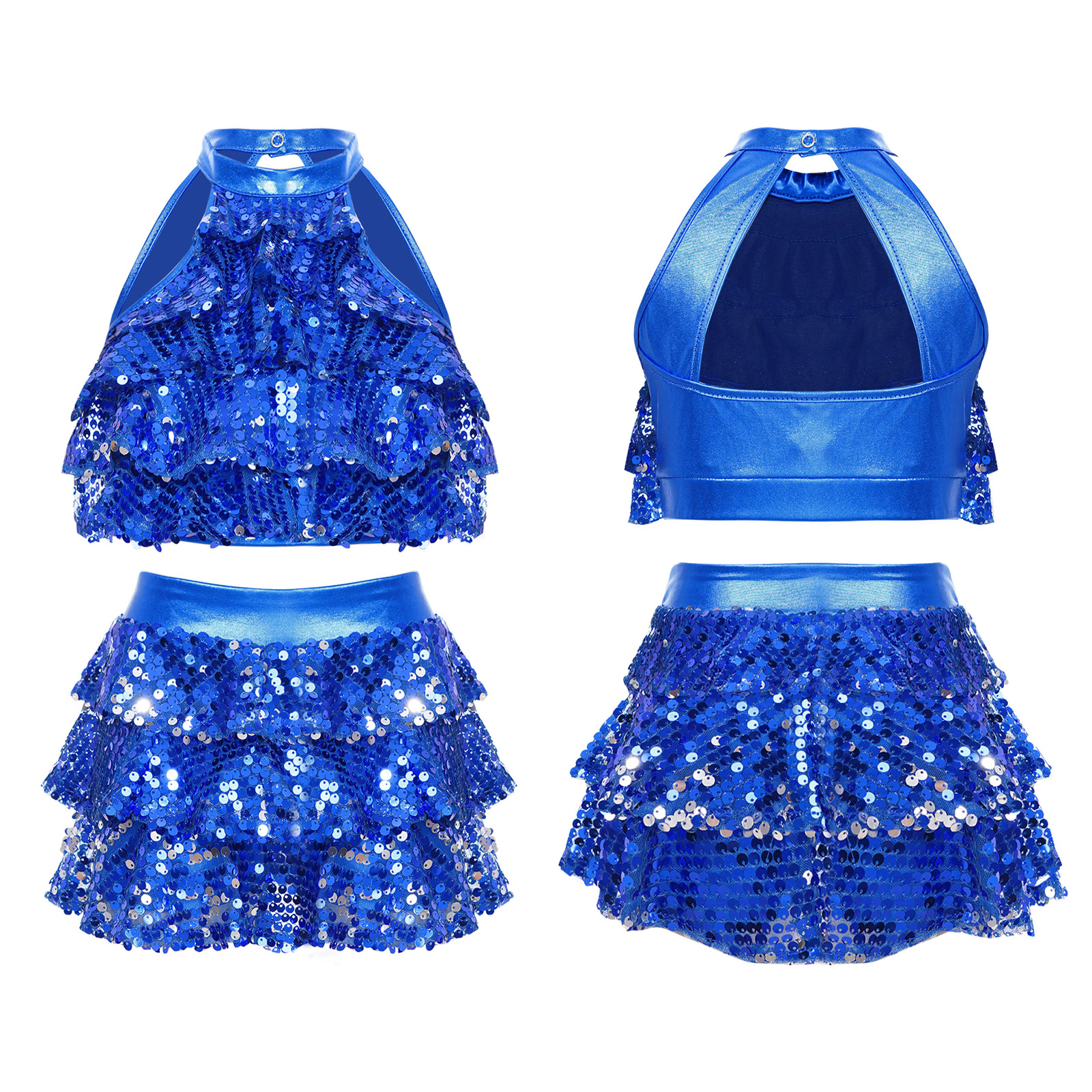 Kids Halter Shiny Sequins Gymnastics Shorty Unitards Dress Girls Ballet Leotard Stage Performance Latin Jazz Dance Costume