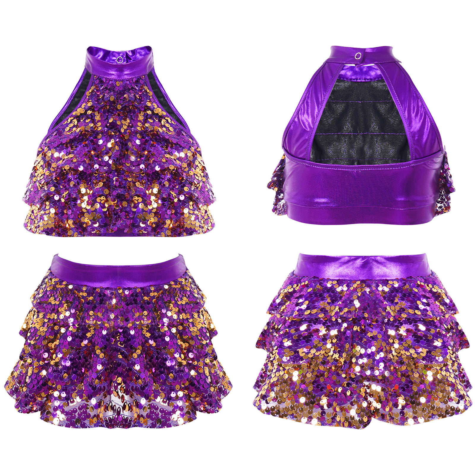 Kids Halter Shiny Sequins Gymnastics Shorty Unitards Dress Girls Ballet Leotard Stage Performance Latin Jazz Dance Costume