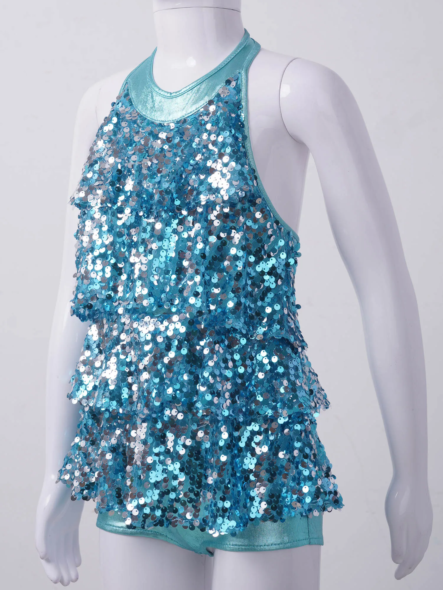 Kids Halter Shiny Sequins Gymnastics Shorty Unitards Dress Girls Ballet Leotard Stage Performance Latin Jazz Dance Costume