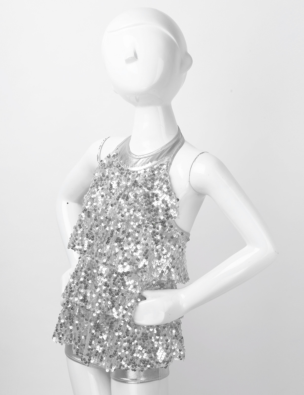 Kids Halter Shiny Sequins Gymnastics Shorty Unitards Dress Girls Ballet Leotard Stage Performance Latin Jazz Dance Costume