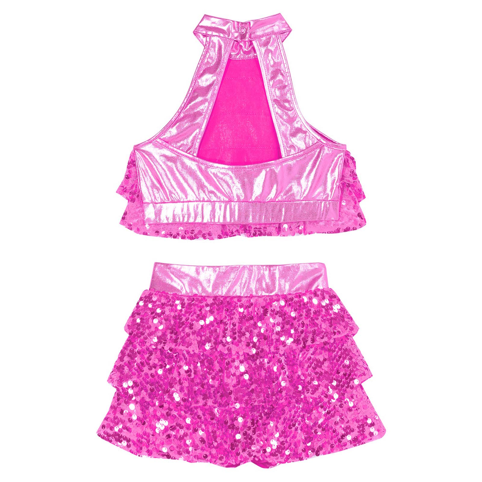 Kids Halter Shiny Sequins Gymnastics Shorty Unitards Dress Girls Ballet Leotard Stage Performance Latin Jazz Dance Costume