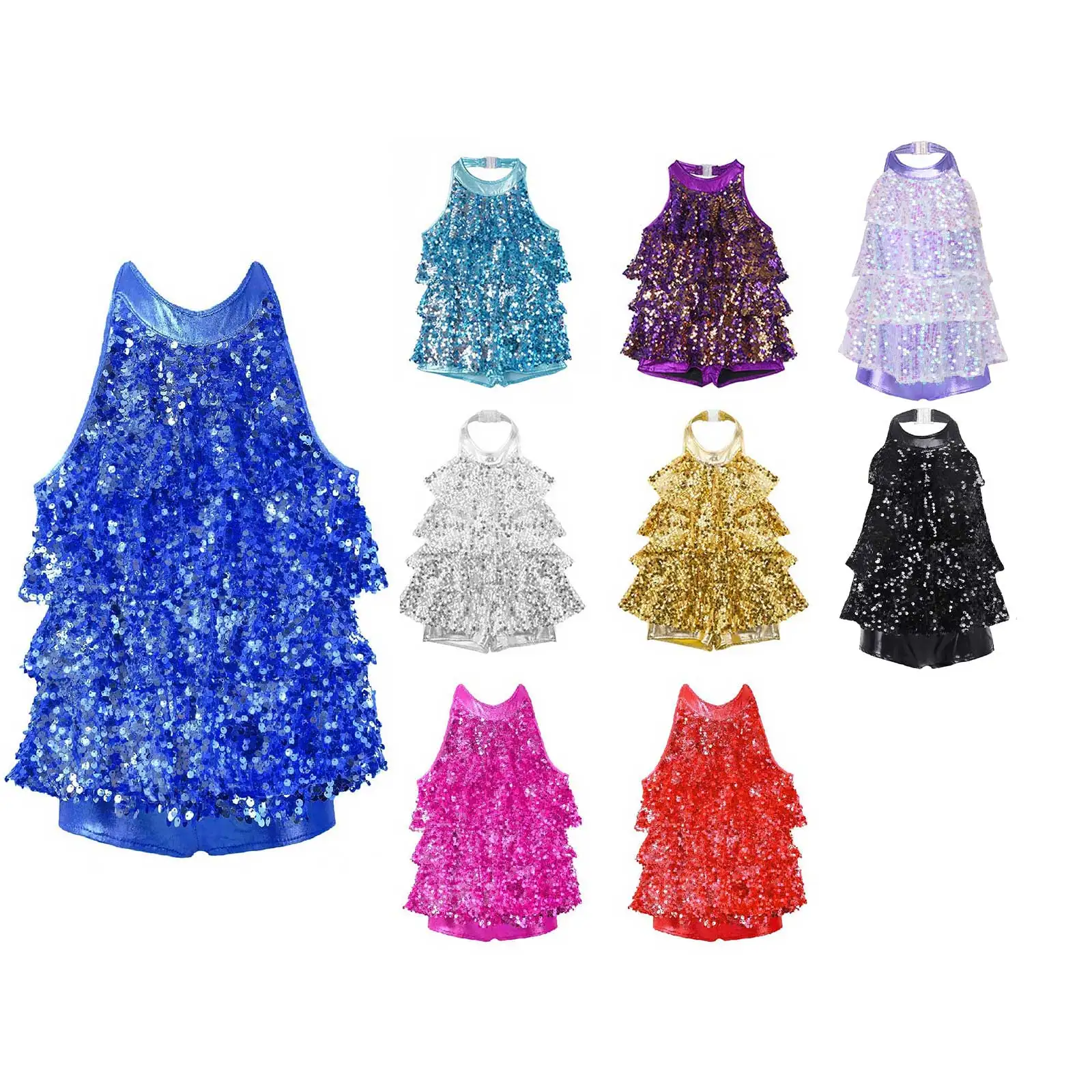 Kids Halter Shiny Sequins Gymnastics Shorty Unitards Dress Girls Ballet Leotard Stage Performance Latin Jazz Dance Costume