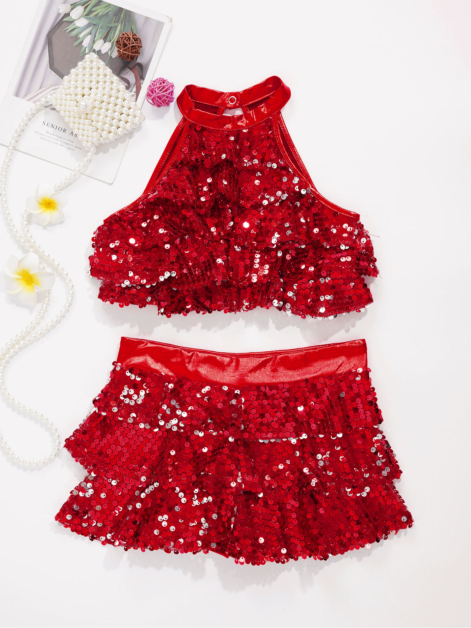 Kids Halter Shiny Sequins Gymnastics Shorty Unitards Dress Girls Ballet Leotard Stage Performance Latin Jazz Dance Costume