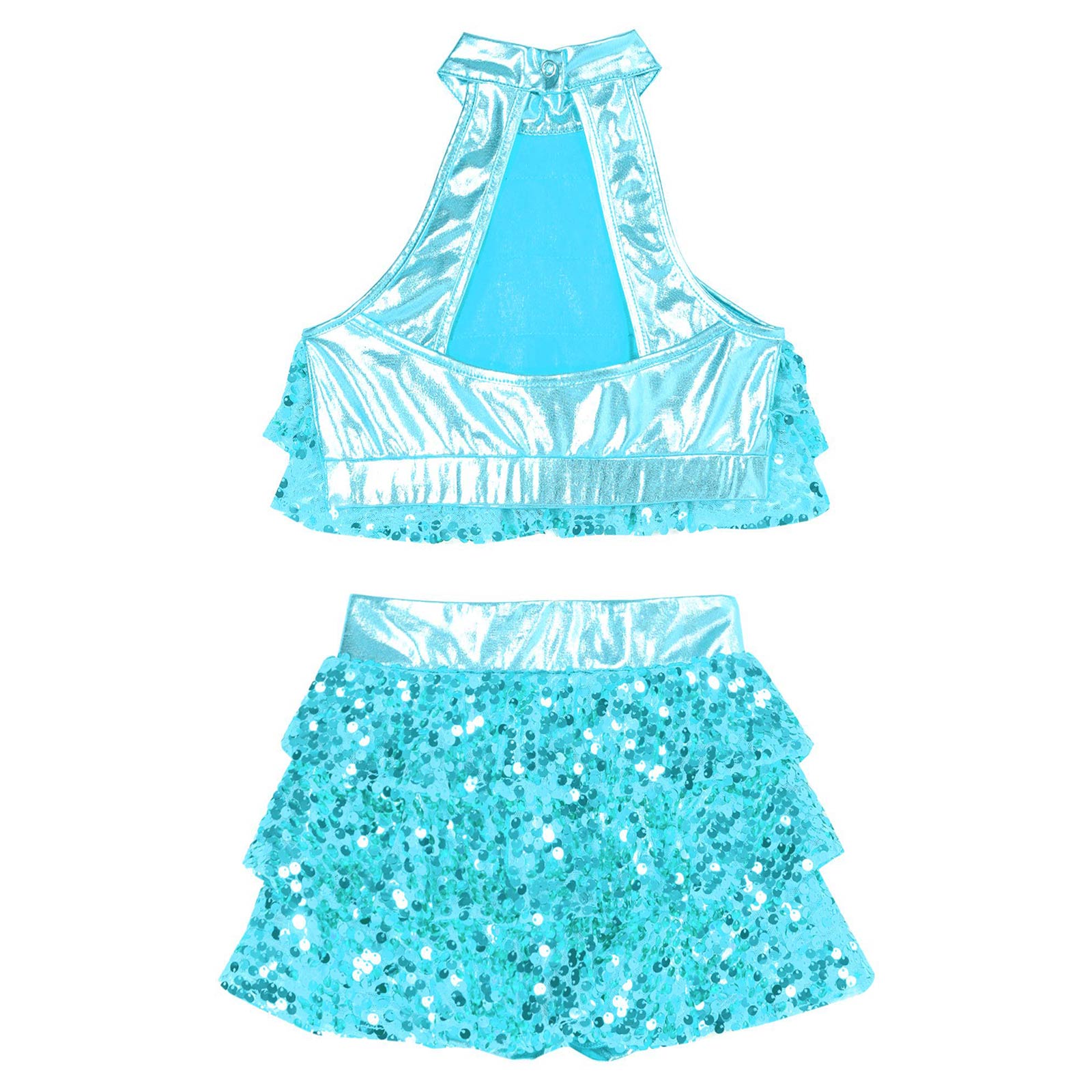 Kids Halter Shiny Sequins Gymnastics Shorty Unitards Dress Girls Ballet Leotard Stage Performance Latin Jazz Dance Costume