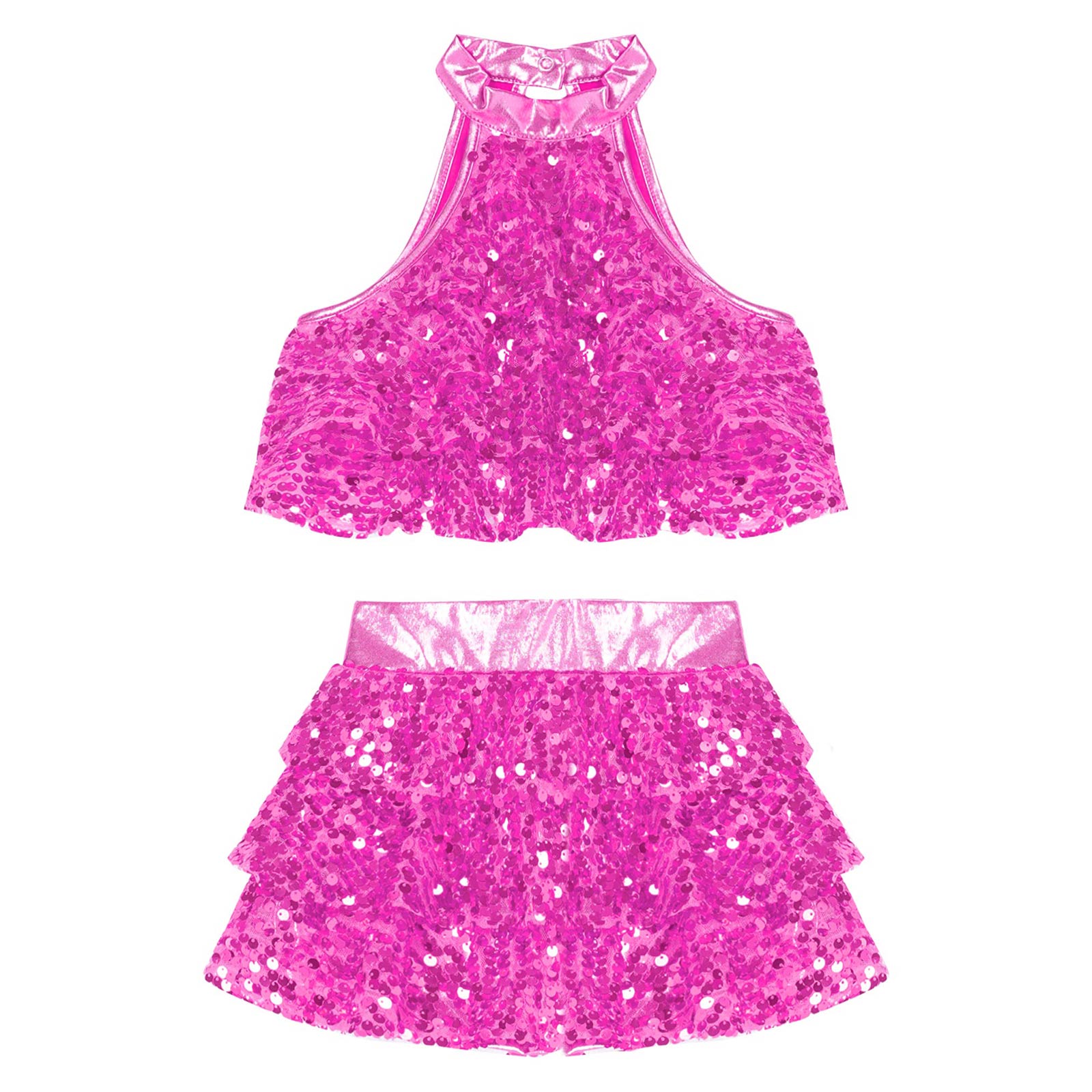Kids Halter Shiny Sequins Gymnastics Shorty Unitards Dress Girls Ballet Leotard Stage Performance Latin Jazz Dance Costume