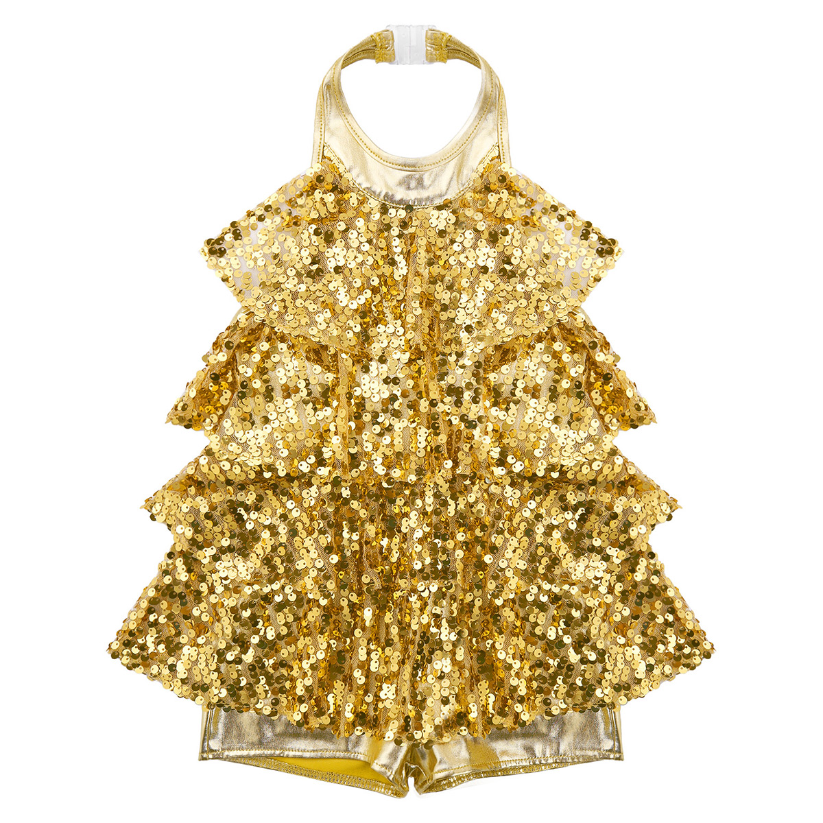 Kids Halter Shiny Sequins Gymnastics Shorty Unitards Dress Girls Ballet Leotard Stage Performance Latin Jazz Dance Costume
