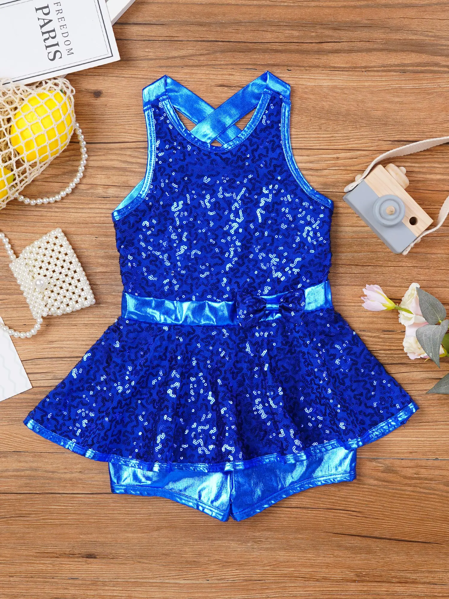 Kids Halter Shiny Sequins Gymnastics Shorty Unitards Dress Girls Ballet Leotard Stage Performance Latin Jazz Dance Costume