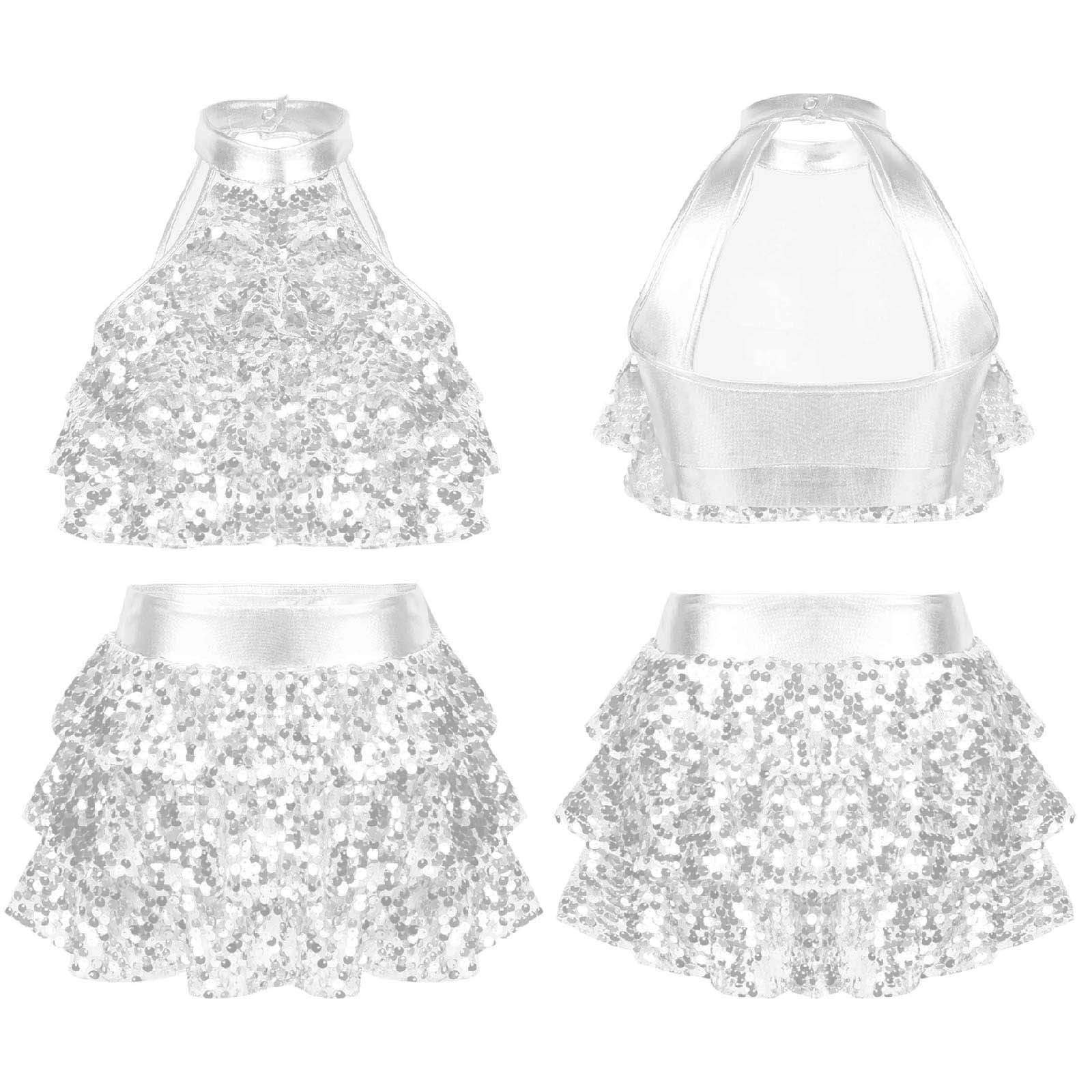 Kids Halter Shiny Sequins Gymnastics Shorty Unitards Dress Girls Ballet Leotard Stage Performance Latin Jazz Dance Costume