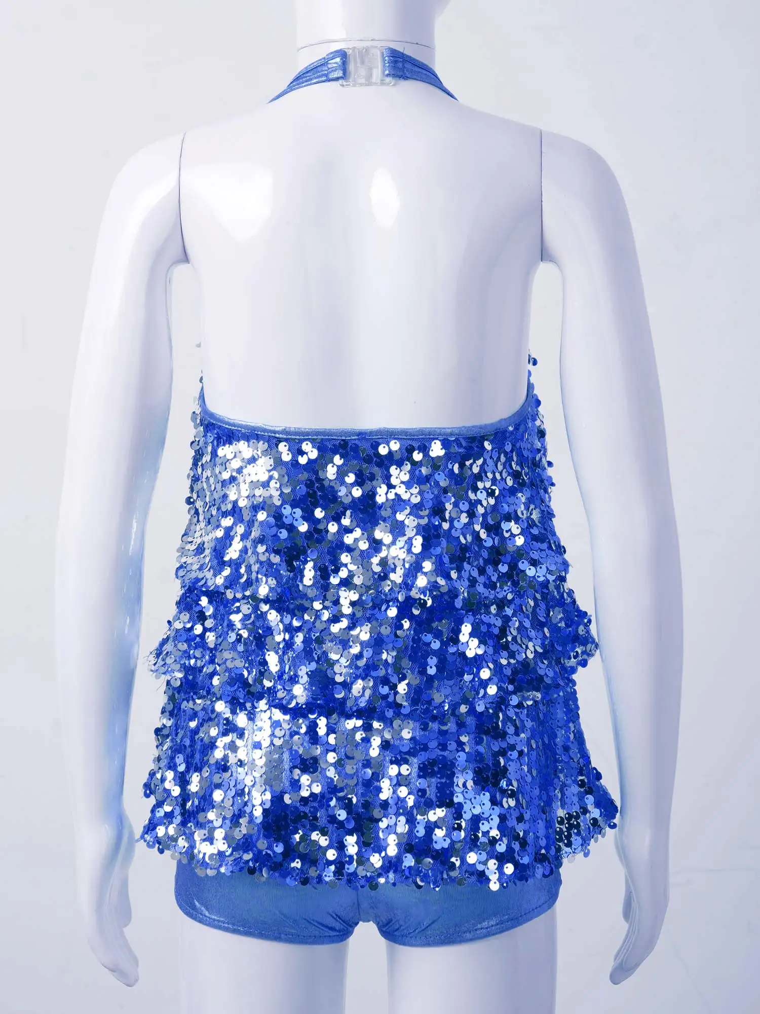 Kids Halter Shiny Sequins Gymnastics Shorty Unitards Dress Girls Ballet Leotard Stage Performance Latin Jazz Dance Costume