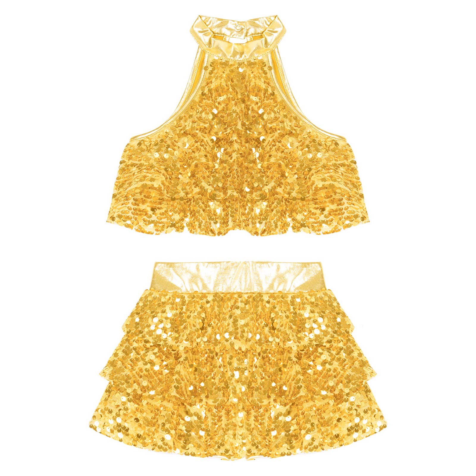 Kids Halter Shiny Sequins Gymnastics Shorty Unitards Dress Girls Ballet Leotard Stage Performance Latin Jazz Dance Costume
