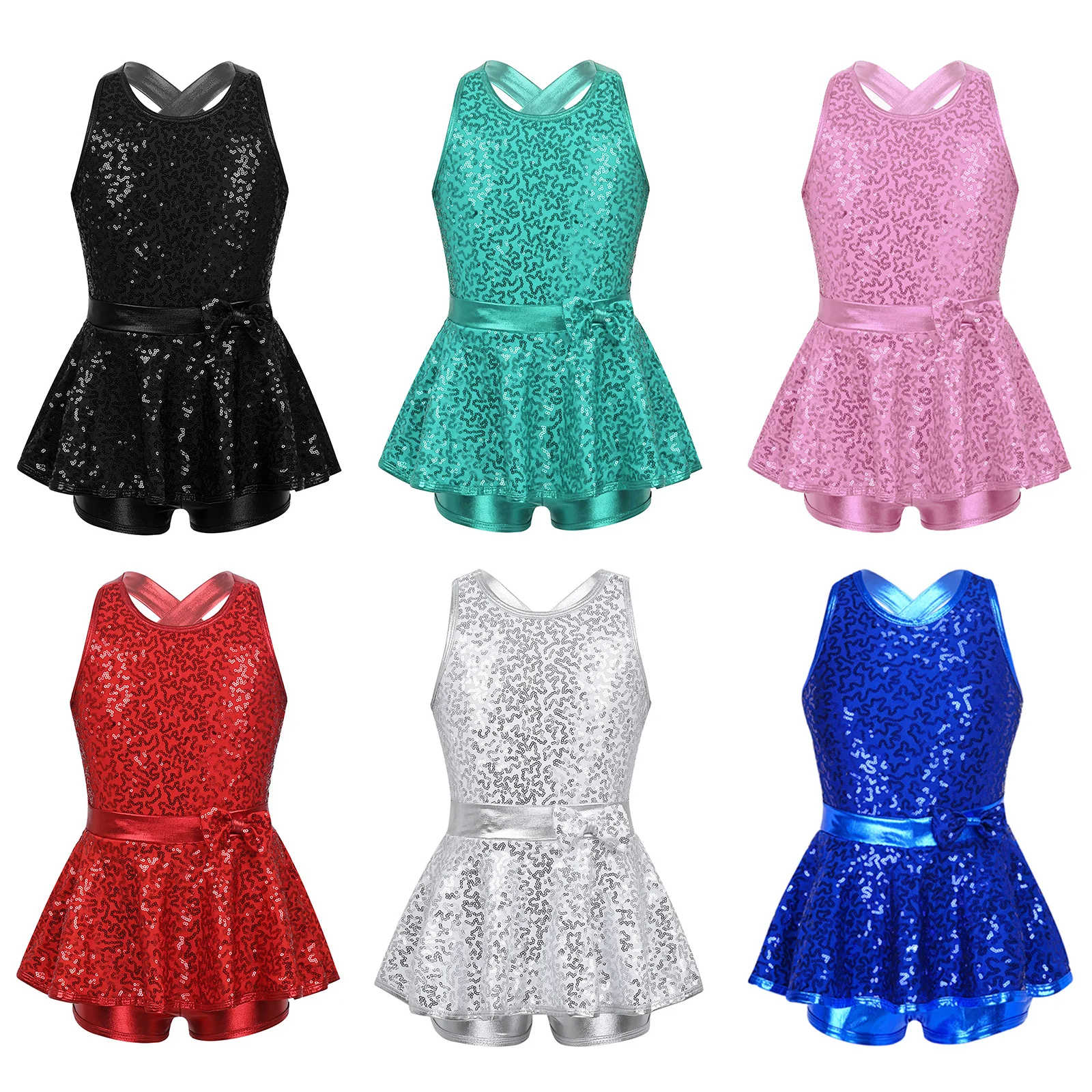 Kids Halter Shiny Sequins Gymnastics Shorty Unitards Dress Girls Ballet Leotard Stage Performance Latin Jazz Dance Costume