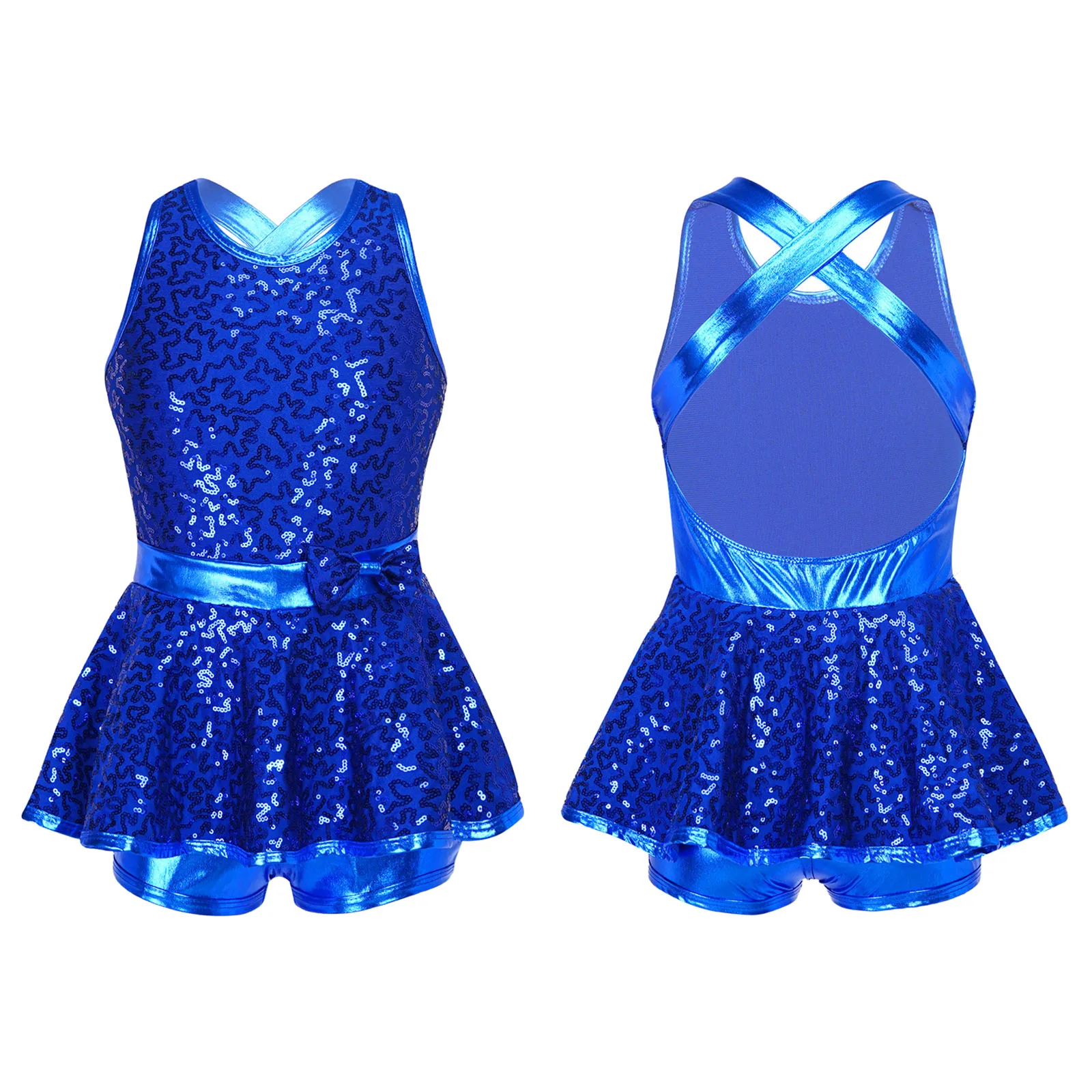 Kids Halter Shiny Sequins Gymnastics Shorty Unitards Dress Girls Ballet Leotard Stage Performance Latin Jazz Dance Costume