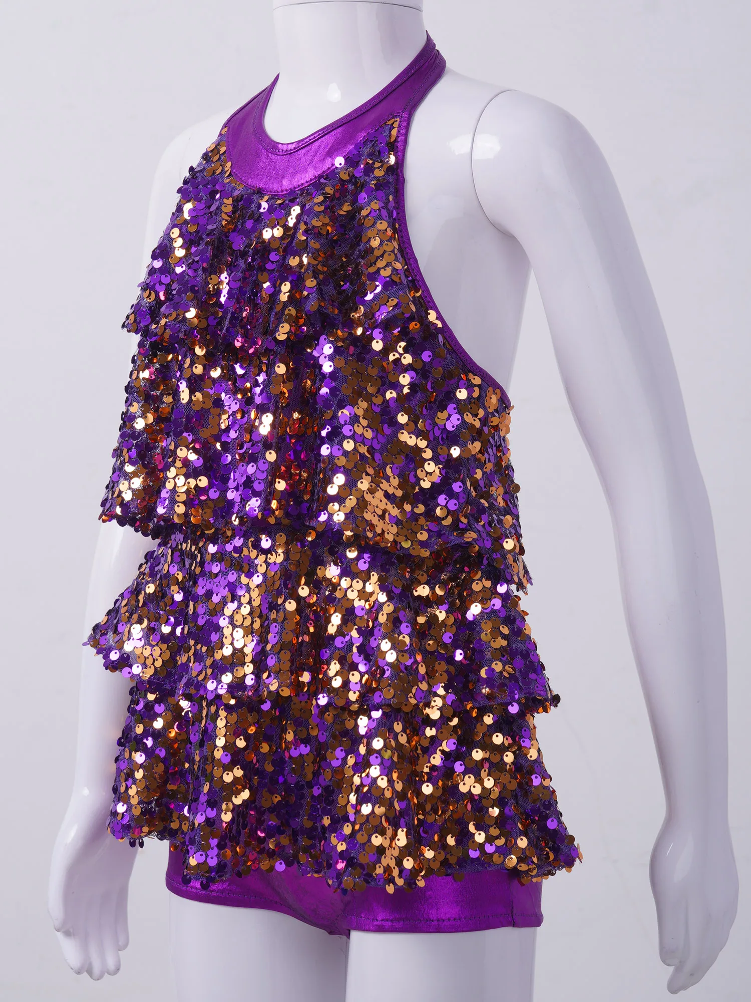 Kids Halter Shiny Sequins Gymnastics Shorty Unitards Dress Girls Ballet Leotard Stage Performance Latin Jazz Dance Costume