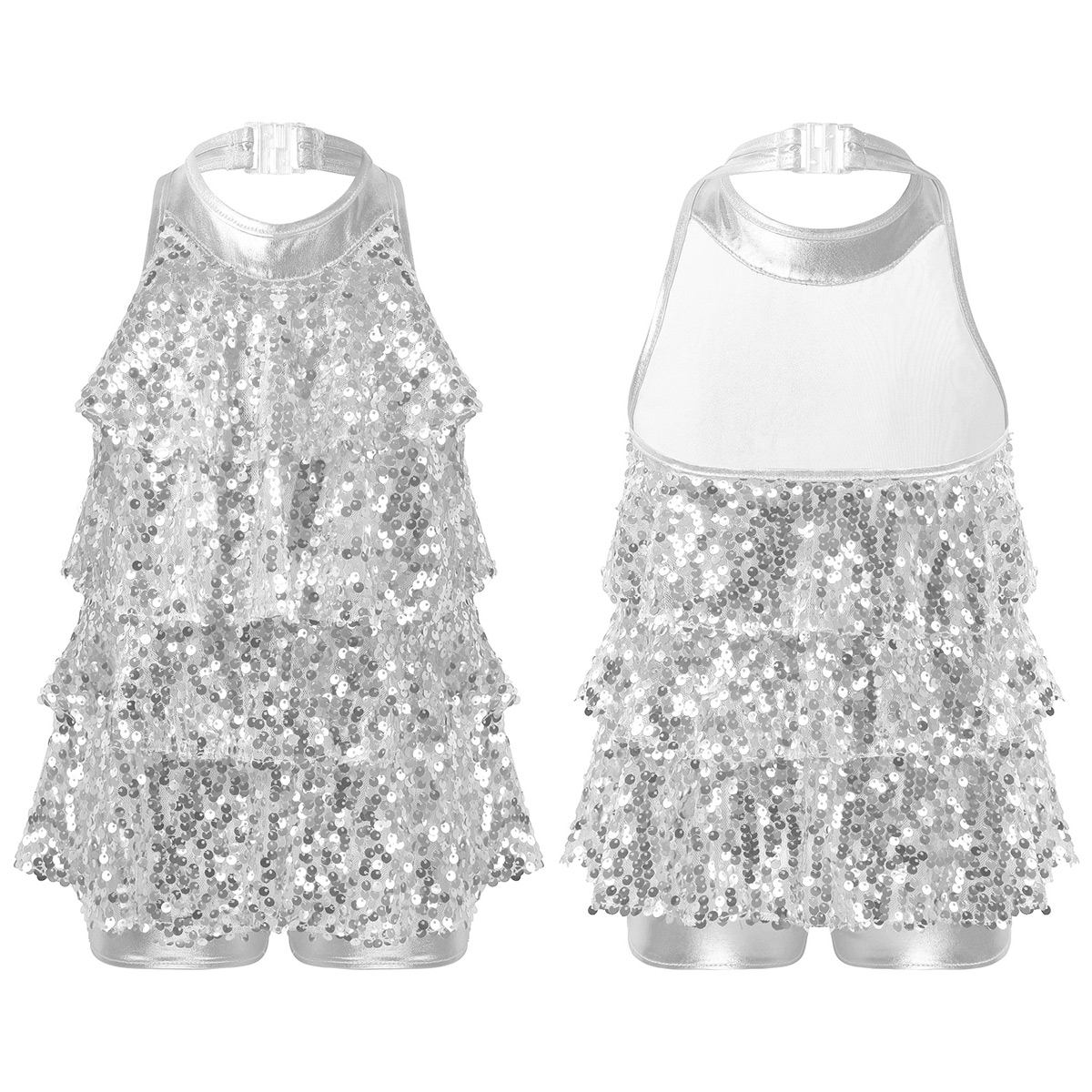 Kids Halter Shiny Sequins Gymnastics Shorty Unitards Dress Girls Ballet Leotard Stage Performance Latin Jazz Dance Costume