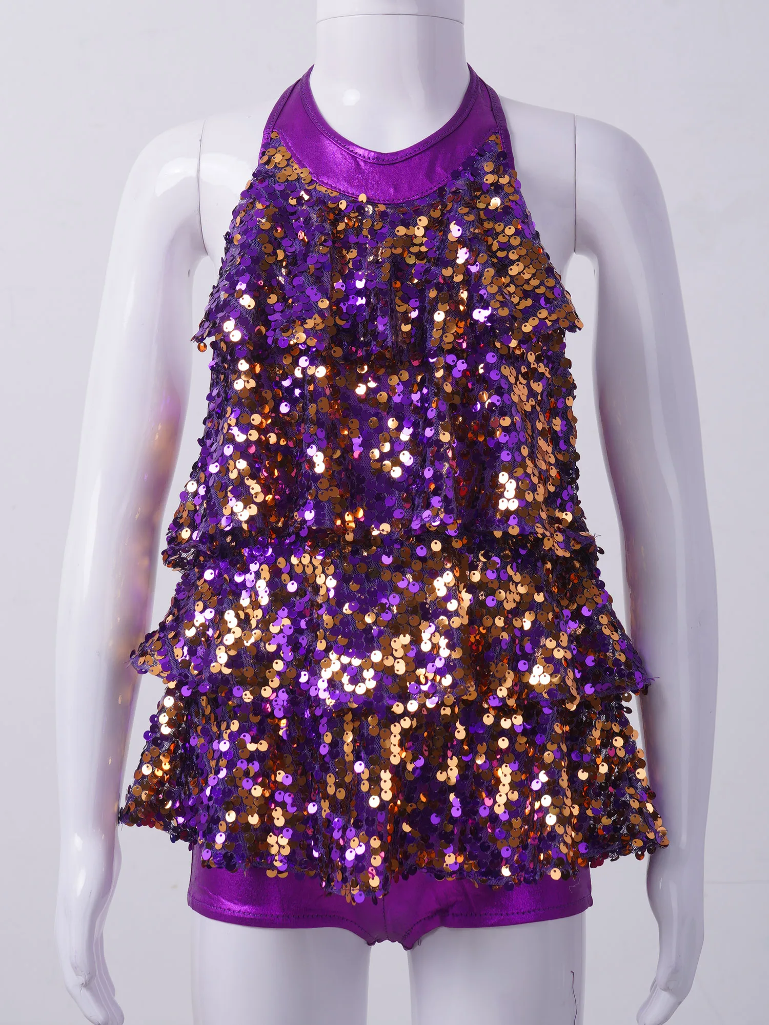 Kids Halter Shiny Sequins Gymnastics Shorty Unitards Dress Girls Ballet Leotard Stage Performance Latin Jazz Dance Costume