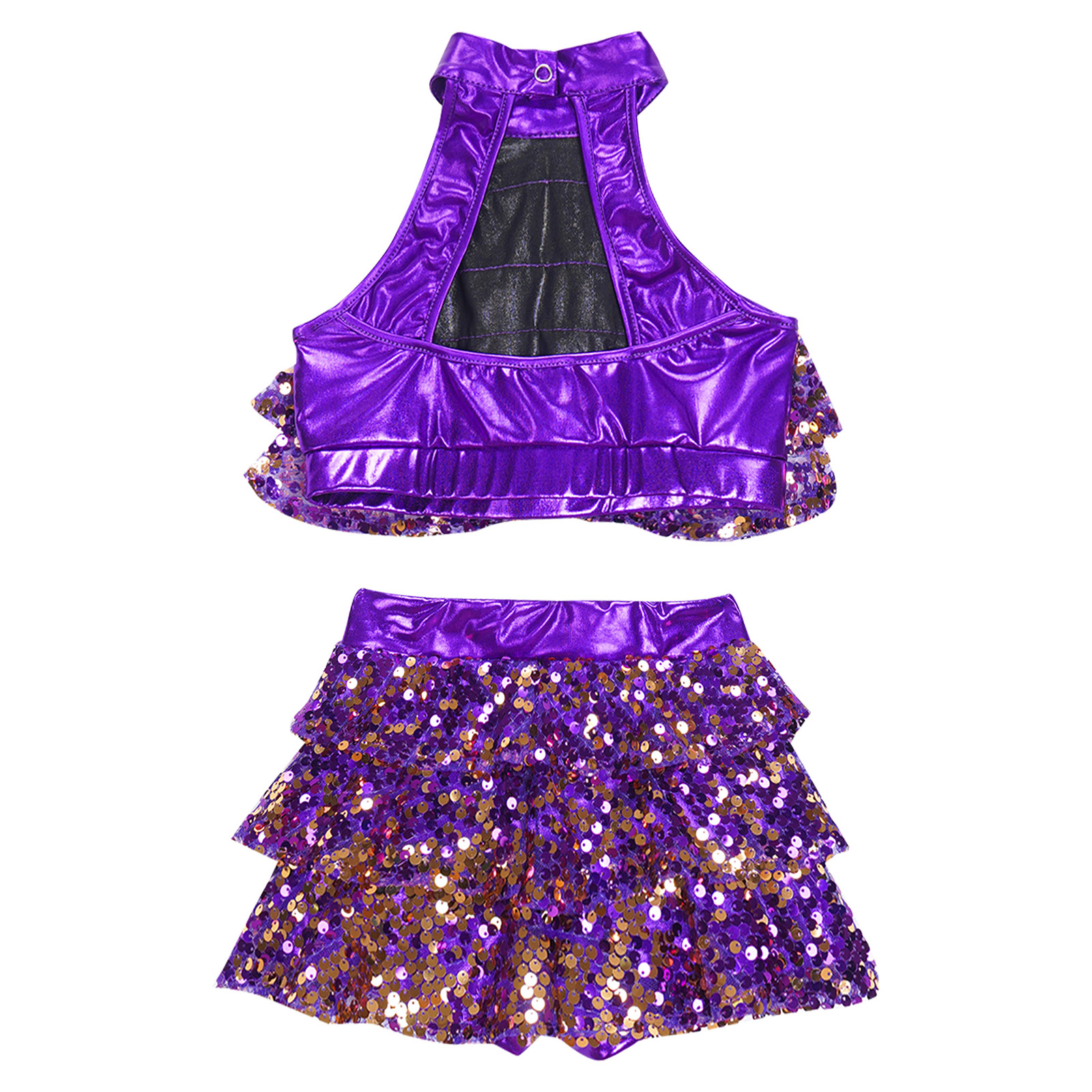 Kids Halter Shiny Sequins Gymnastics Shorty Unitards Dress Girls Ballet Leotard Stage Performance Latin Jazz Dance Costume