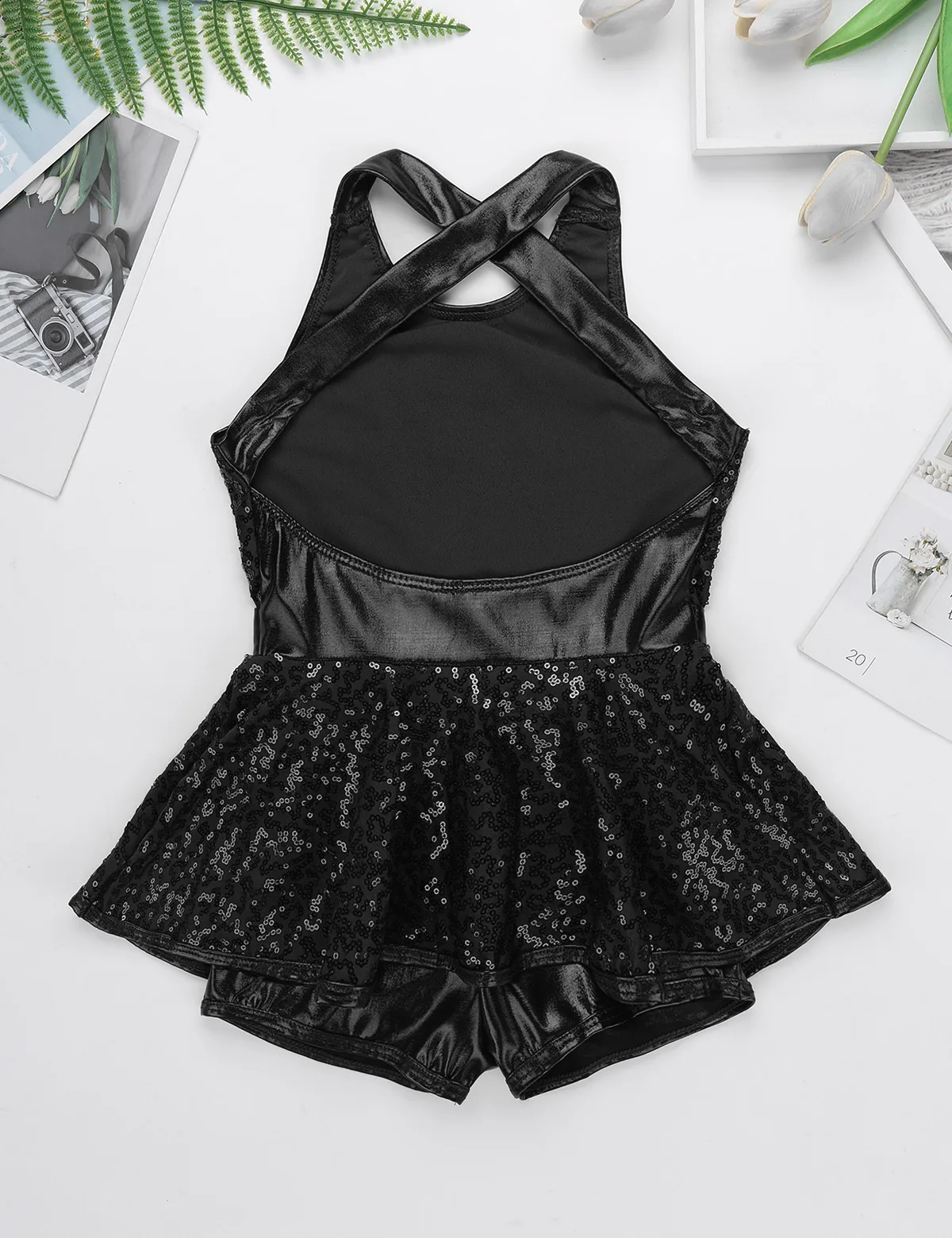 Kids Halter Shiny Sequins Gymnastics Shorty Unitards Dress Girls Ballet Leotard Stage Performance Latin Jazz Dance Costume