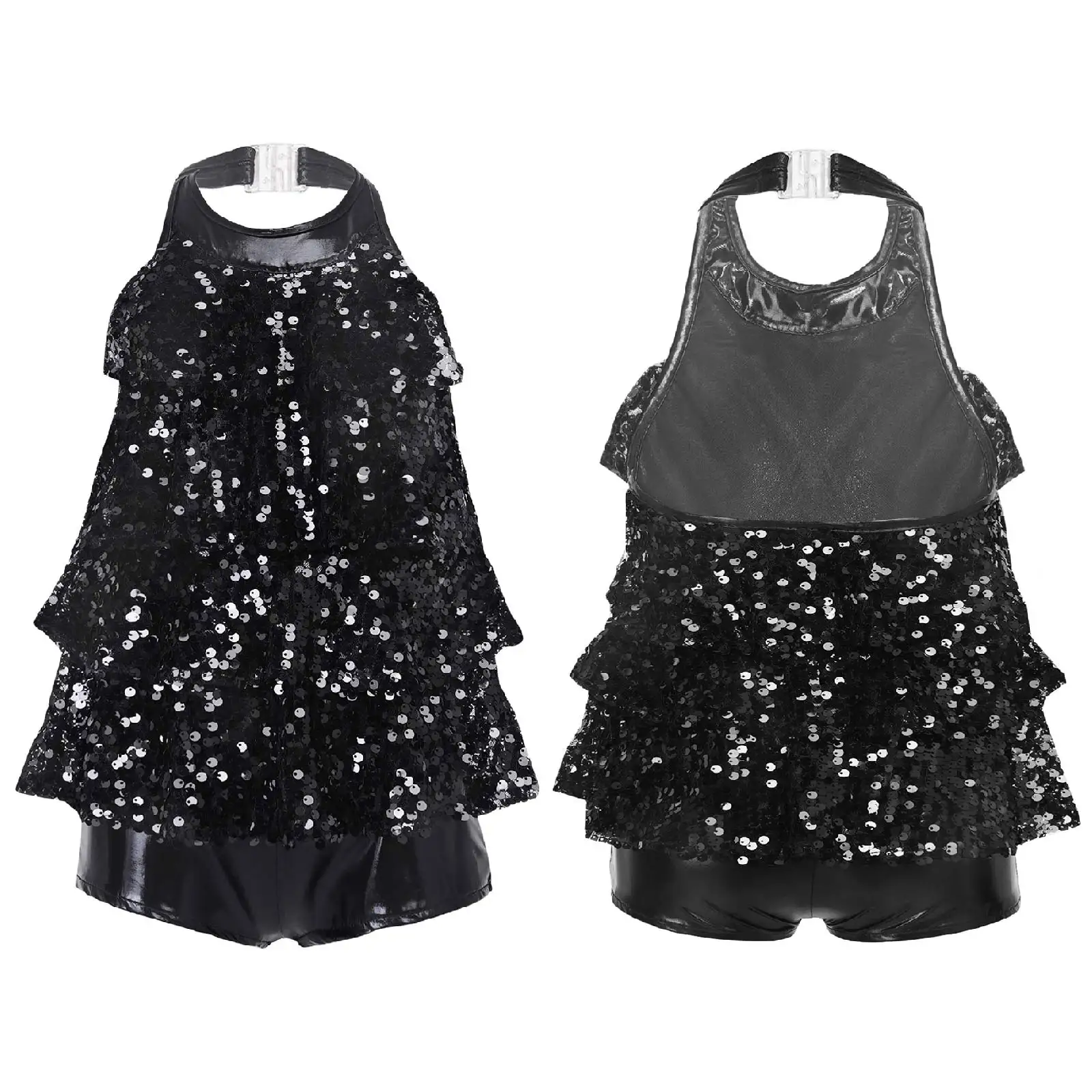 Kids Halter Shiny Sequins Gymnastics Shorty Unitards Dress Girls Ballet Leotard Stage Performance Latin Jazz Dance Costume