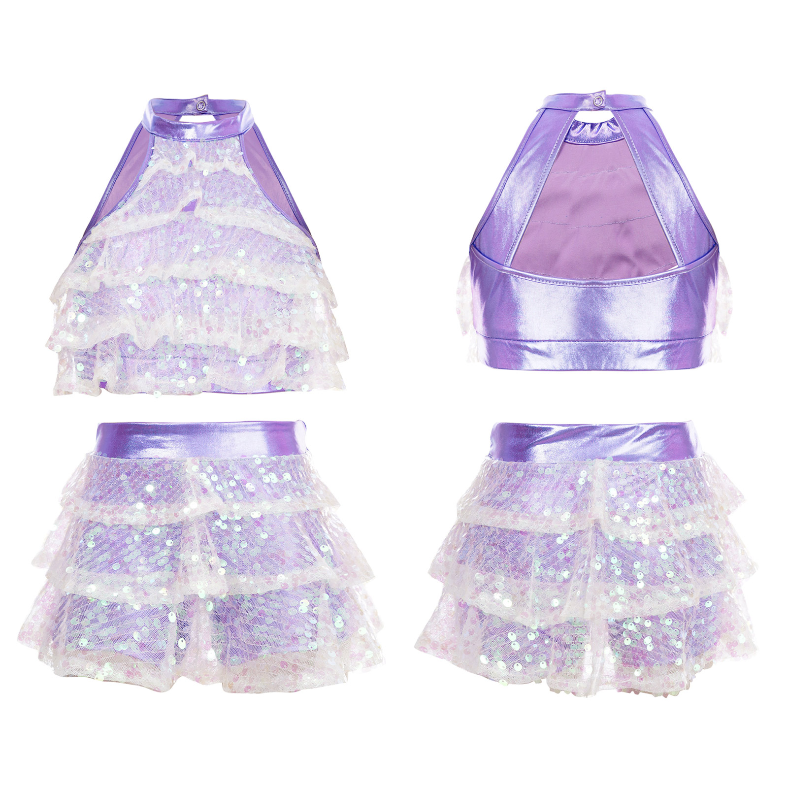 Kids Halter Shiny Sequins Gymnastics Shorty Unitards Dress Girls Ballet Leotard Stage Performance Latin Jazz Dance Costume