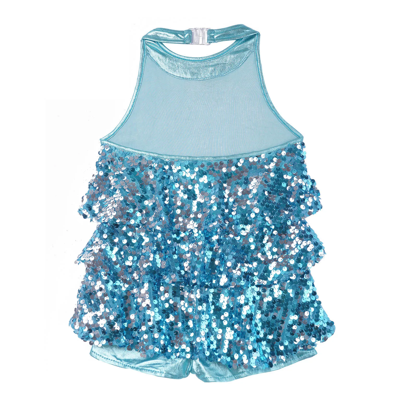 Kids Halter Shiny Sequins Gymnastics Shorty Unitards Dress Girls Ballet Leotard Stage Performance Latin Jazz Dance Costume