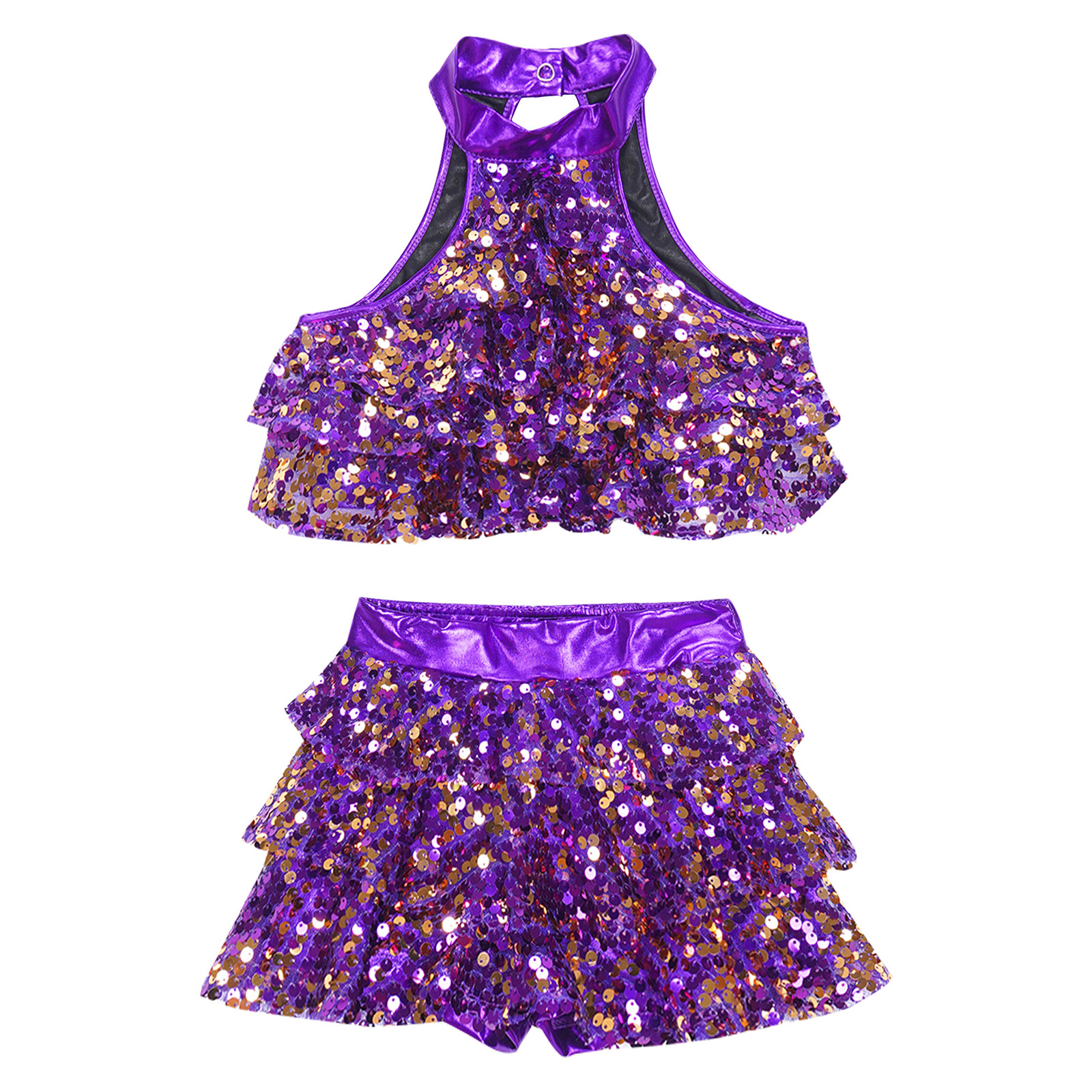 Kids Halter Shiny Sequins Gymnastics Shorty Unitards Dress Girls Ballet Leotard Stage Performance Latin Jazz Dance Costume
