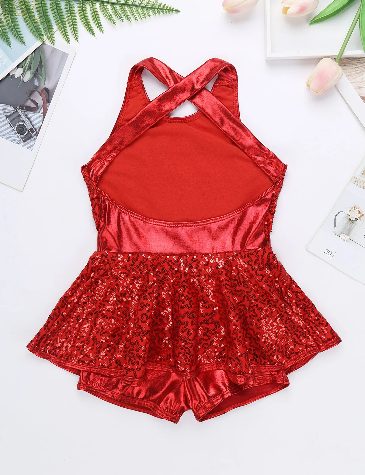 Kids Halter Shiny Sequins Gymnastics Shorty Unitards Dress Girls Ballet Leotard Stage Performance Latin Jazz Dance Costume