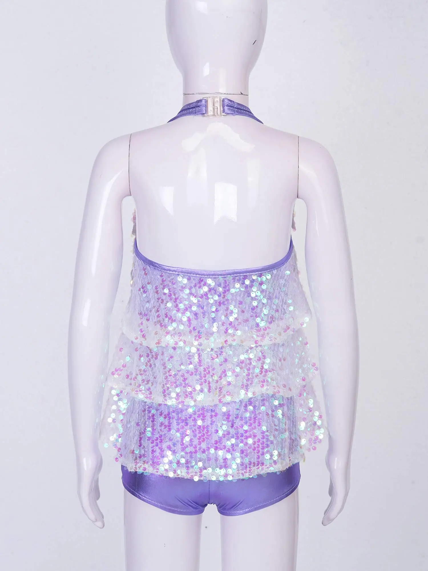 Kids Halter Shiny Sequins Gymnastics Shorty Unitards Dress Girls Ballet Leotard Stage Performance Latin Jazz Dance Costume