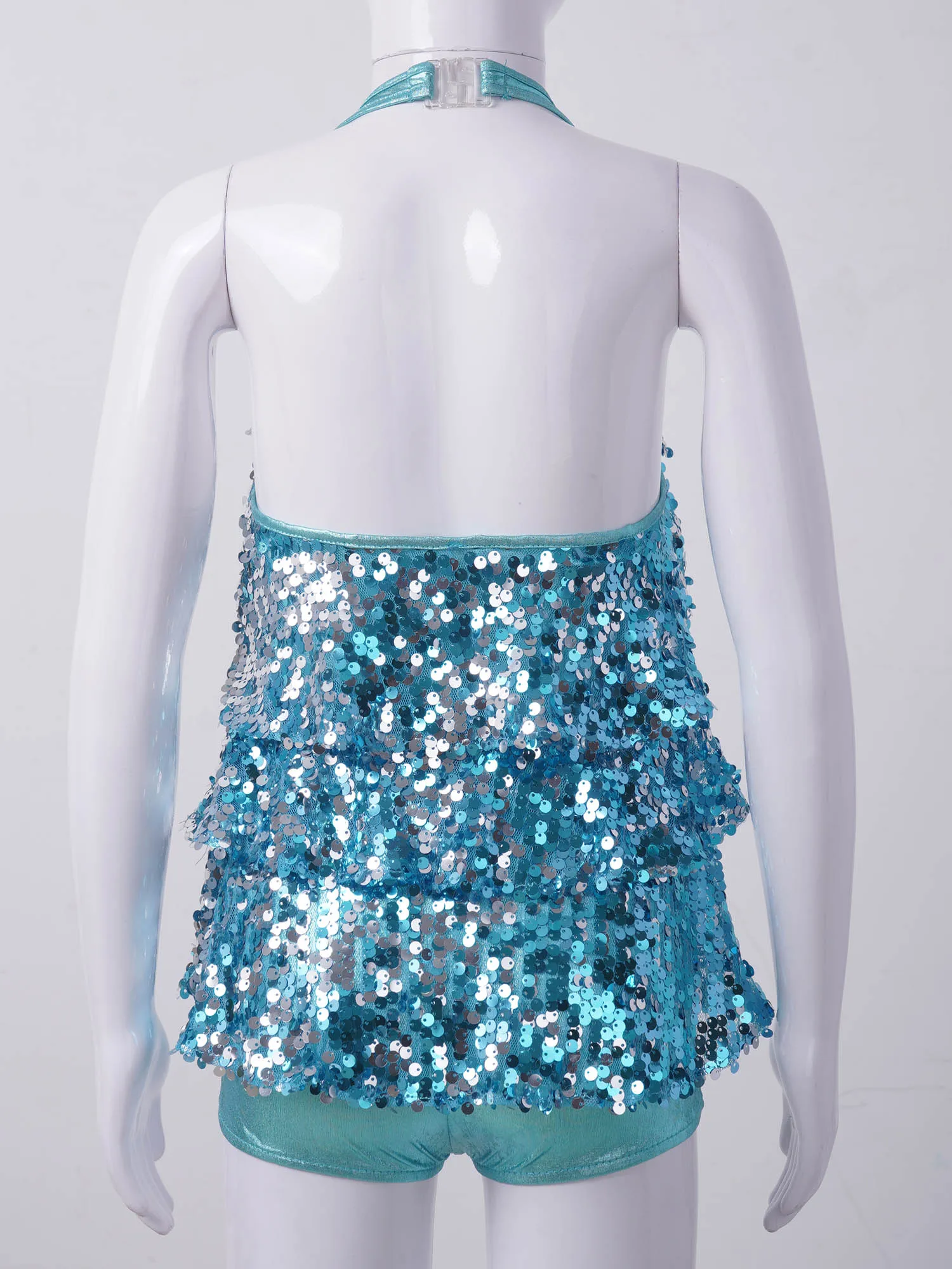 Kids Halter Shiny Sequins Gymnastics Shorty Unitards Dress Girls Ballet Leotard Stage Performance Latin Jazz Dance Costume