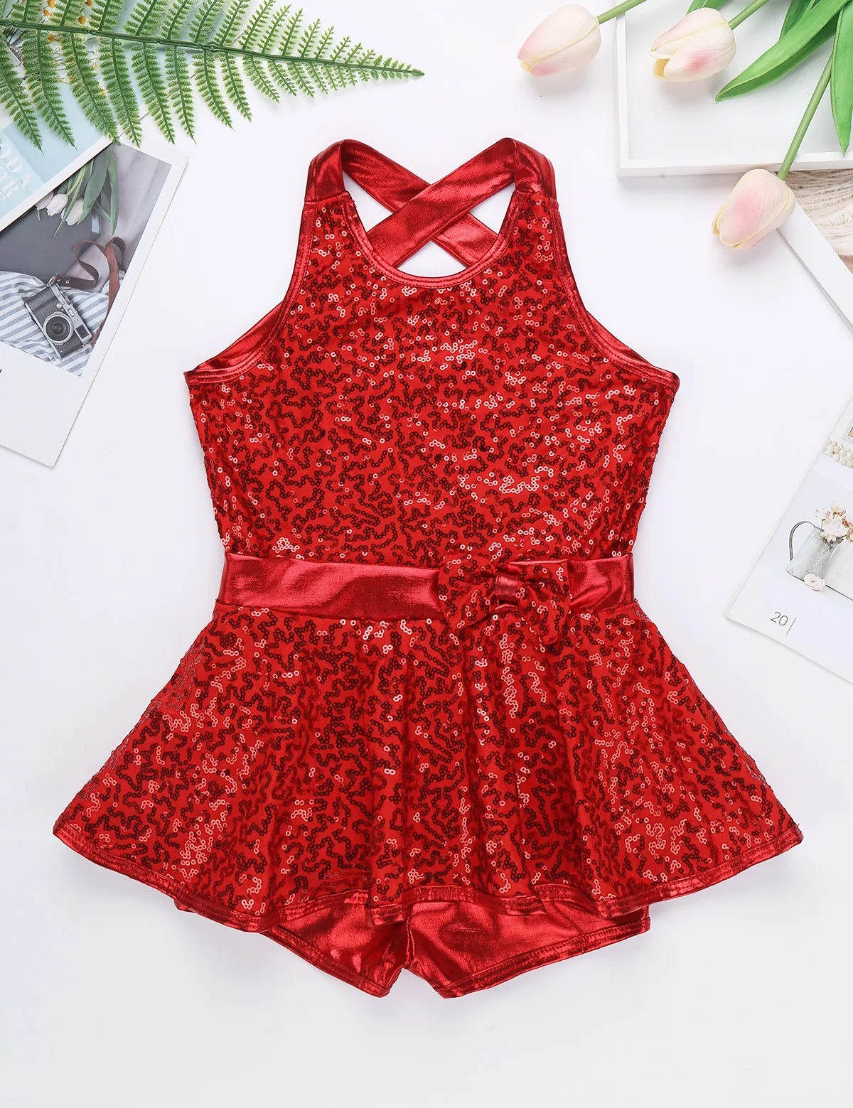 Kids Halter Shiny Sequins Gymnastics Shorty Unitards Dress Girls Ballet Leotard Stage Performance Latin Jazz Dance Costume