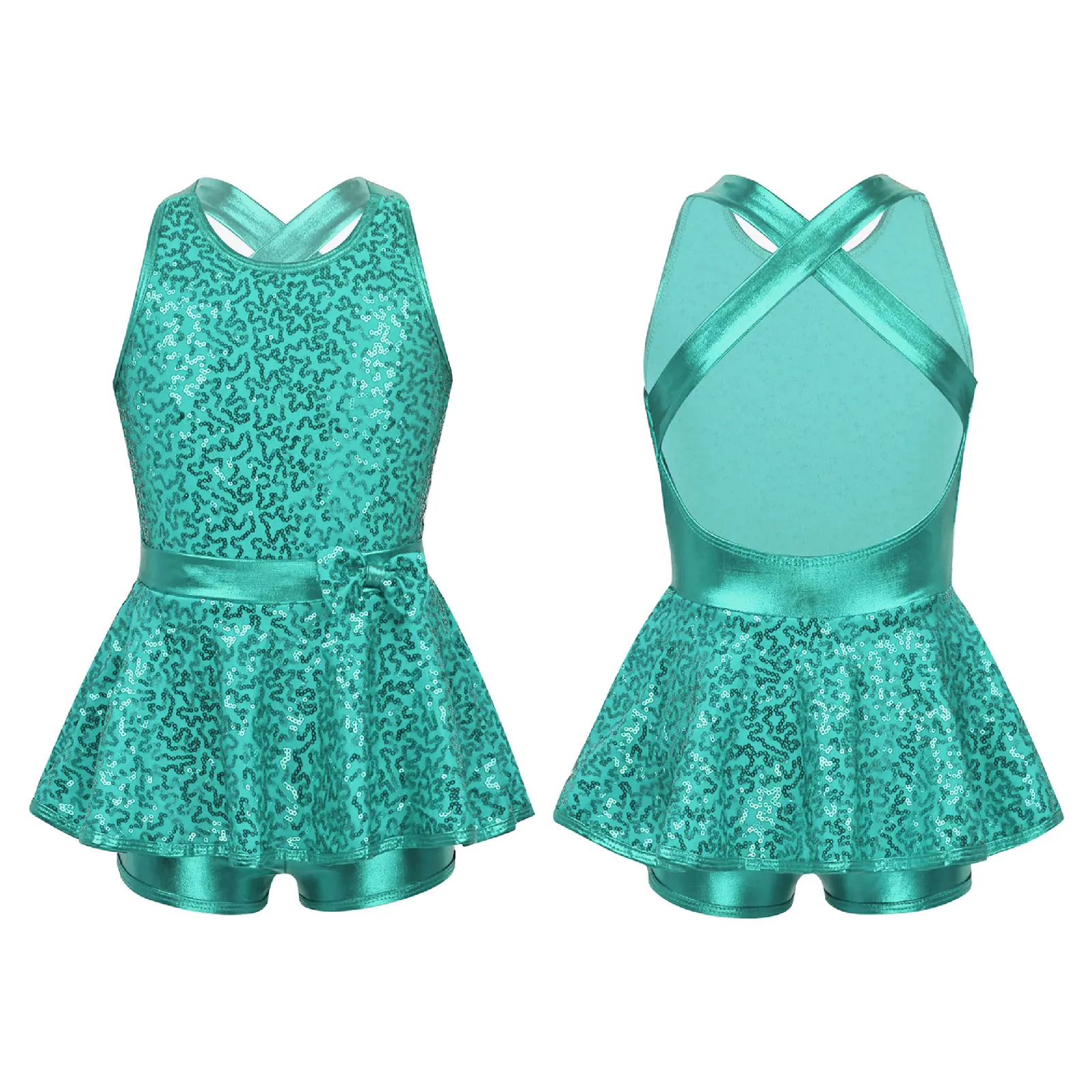 Kids Halter Shiny Sequins Gymnastics Shorty Unitards Dress Girls Ballet Leotard Stage Performance Latin Jazz Dance Costume