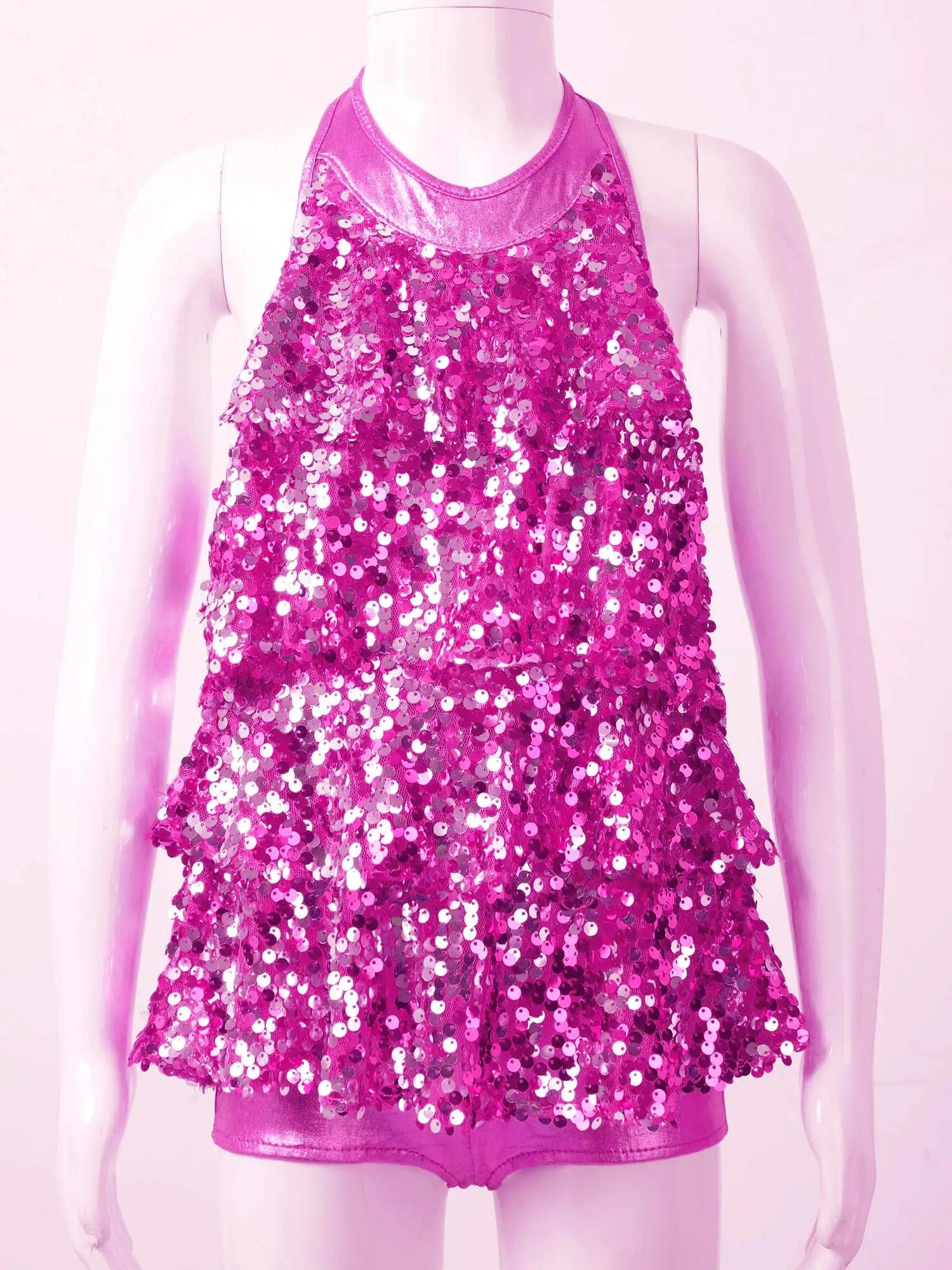 Kids Halter Shiny Sequins Gymnastics Shorty Unitards Dress Girls Ballet Leotard Stage Performance Latin Jazz Dance Costume