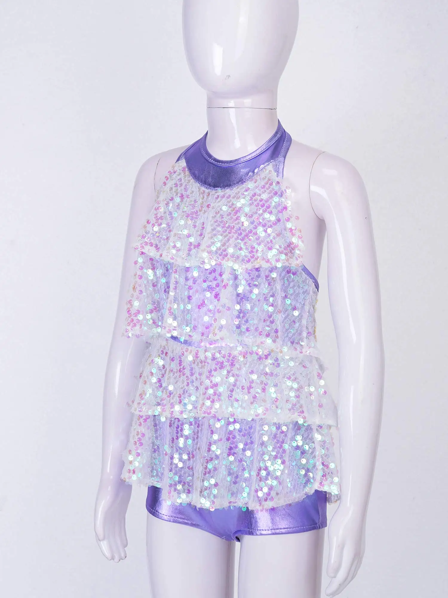 Kids Halter Shiny Sequins Gymnastics Shorty Unitards Dress Girls Ballet Leotard Stage Performance Latin Jazz Dance Costume