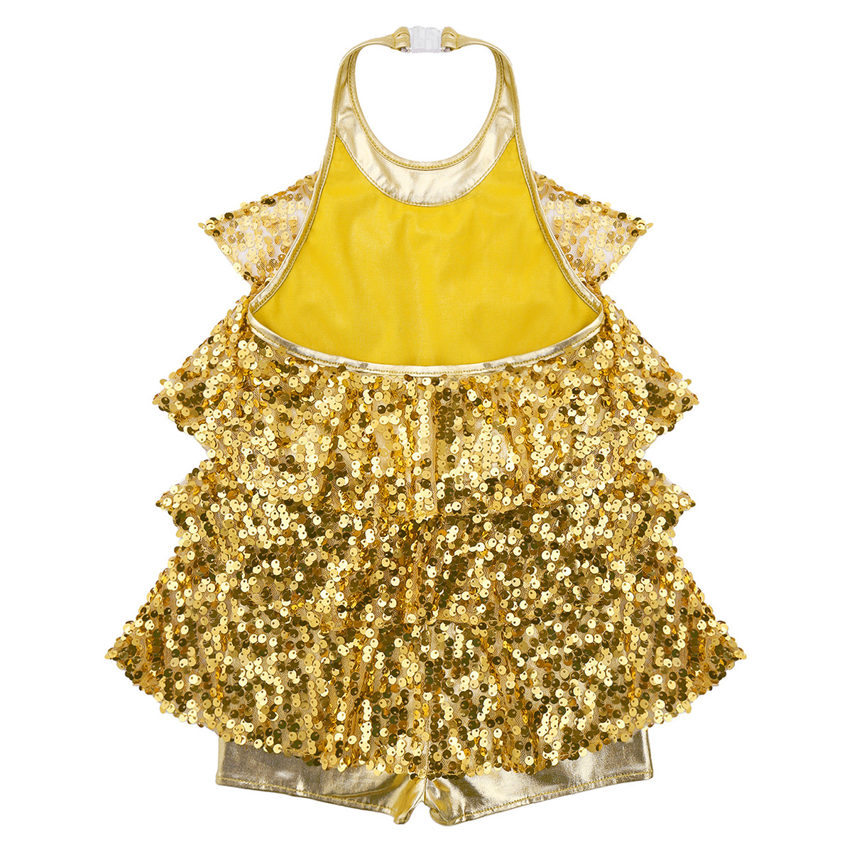 Kids Halter Shiny Sequins Gymnastics Shorty Unitards Dress Girls Ballet Leotard Stage Performance Latin Jazz Dance Costume