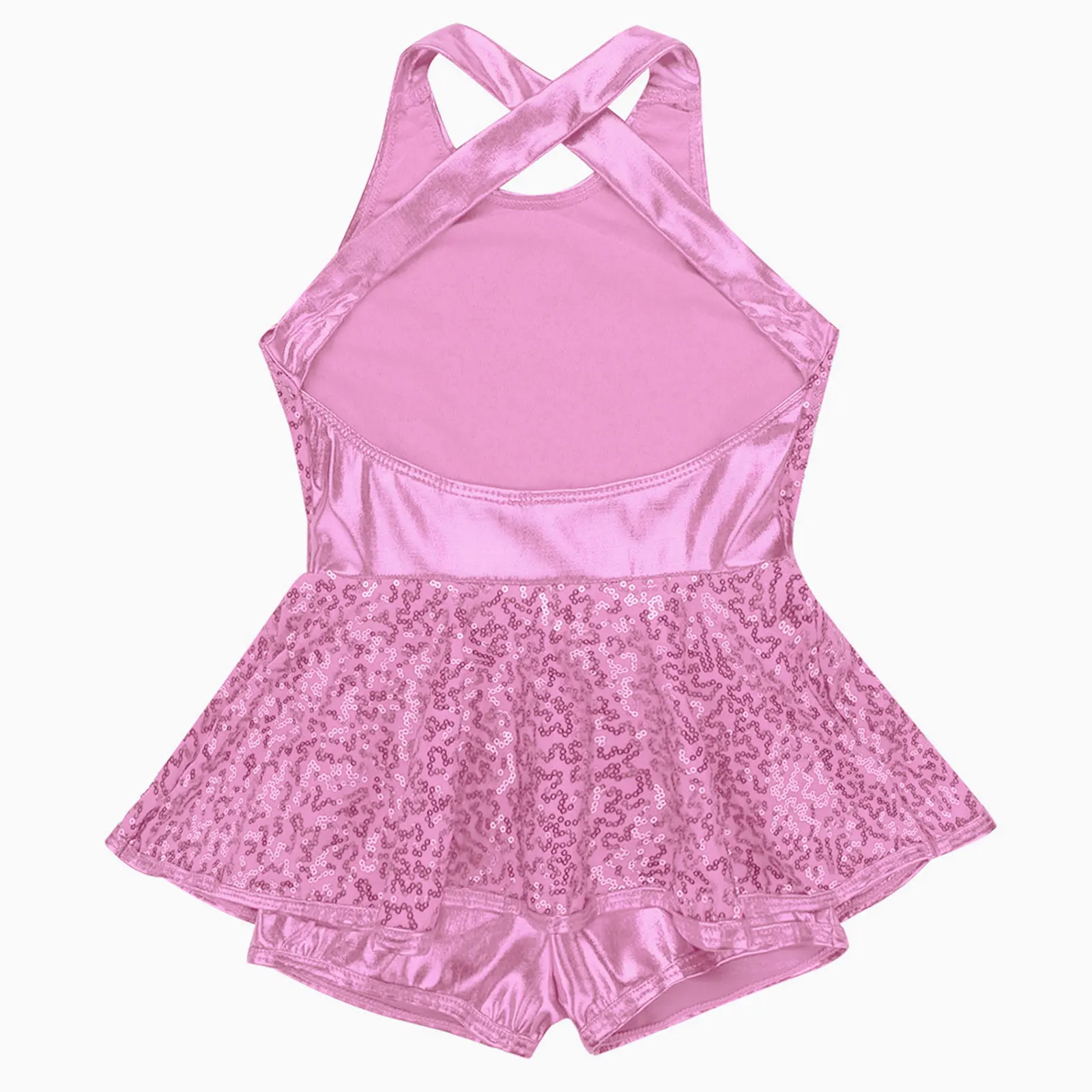 Kids Halter Shiny Sequins Gymnastics Shorty Unitards Dress Girls Ballet Leotard Stage Performance Latin Jazz Dance Costume