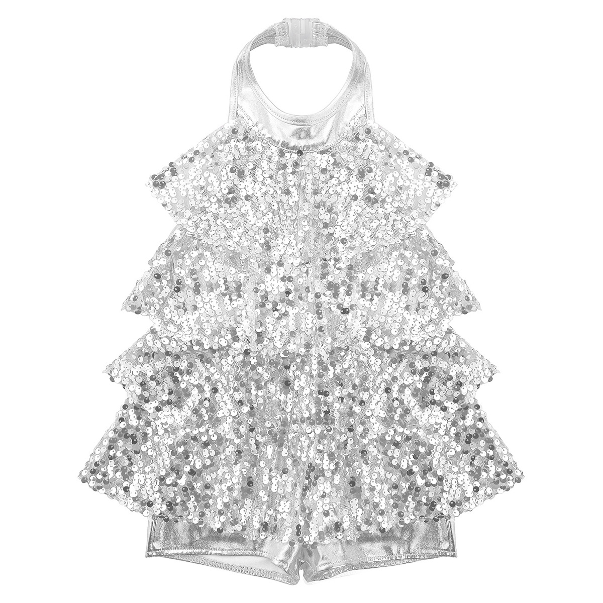 Kids Halter Shiny Sequins Gymnastics Shorty Unitards Dress Girls Ballet Leotard Stage Performance Latin Jazz Dance Costume