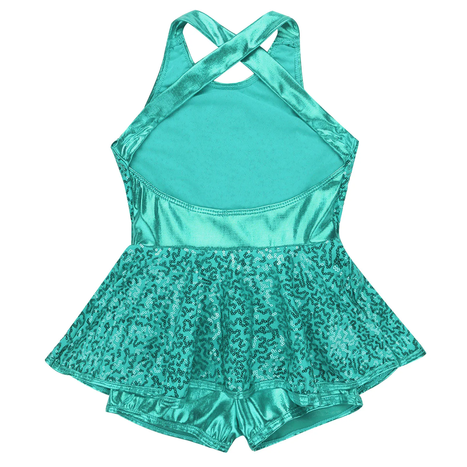 Kids Halter Shiny Sequins Gymnastics Shorty Unitards Dress Girls Ballet Leotard Stage Performance Latin Jazz Dance Costume