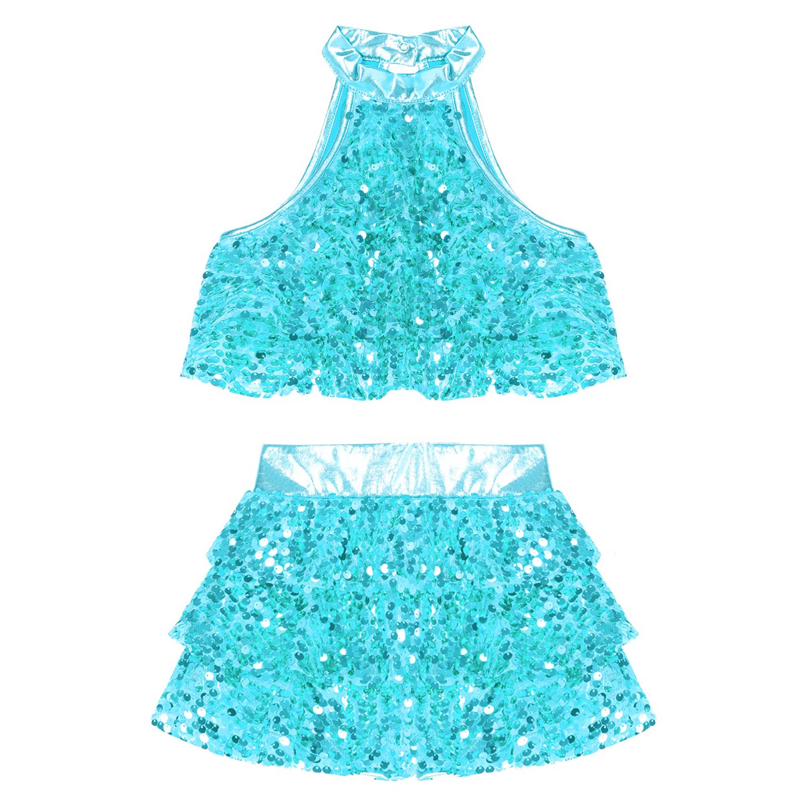 Kids Halter Shiny Sequins Gymnastics Shorty Unitards Dress Girls Ballet Leotard Stage Performance Latin Jazz Dance Costume