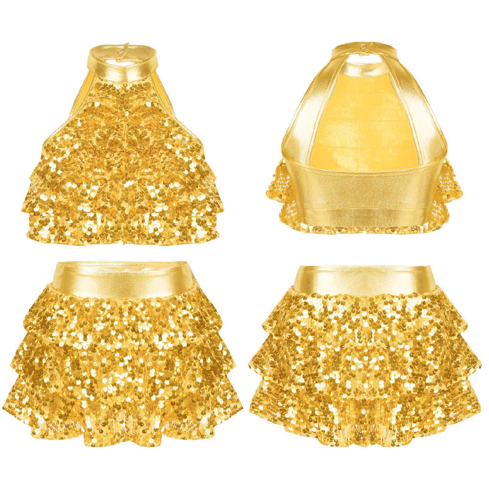 Kids Halter Shiny Sequins Gymnastics Shorty Unitards Dress Girls Ballet Leotard Stage Performance Latin Jazz Dance Costume