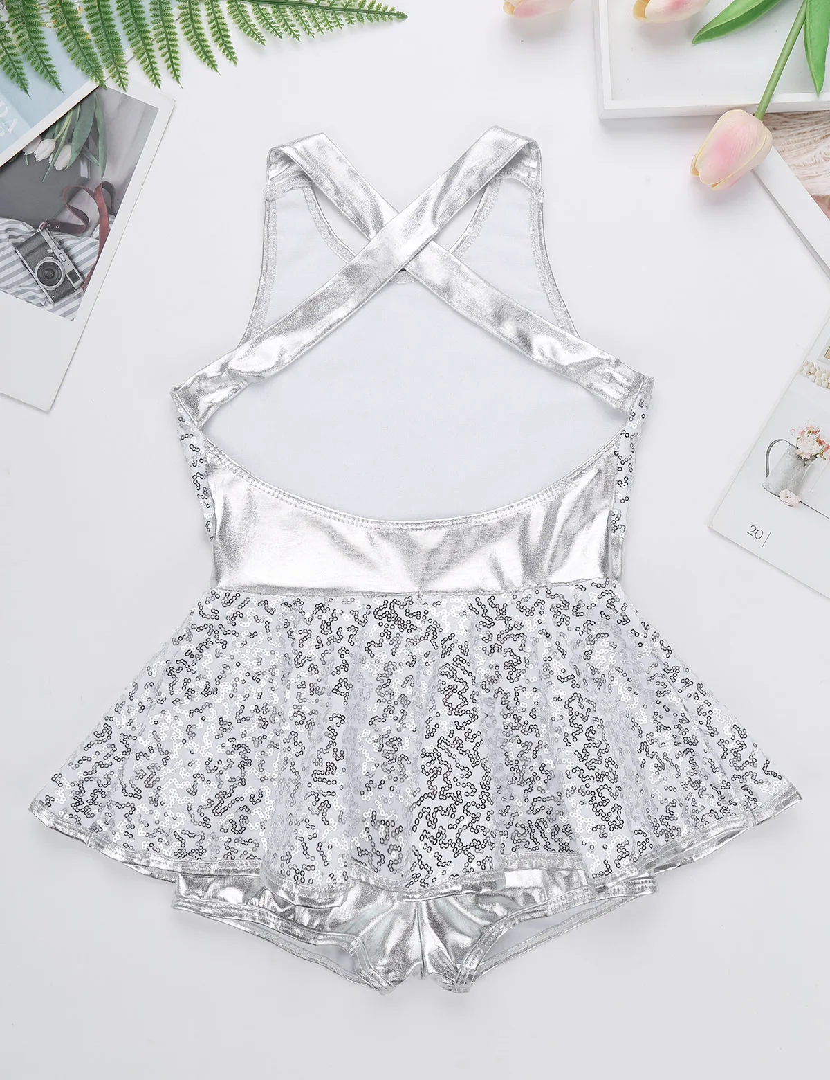 Kids Halter Shiny Sequins Gymnastics Shorty Unitards Dress Girls Ballet Leotard Stage Performance Latin Jazz Dance Costume