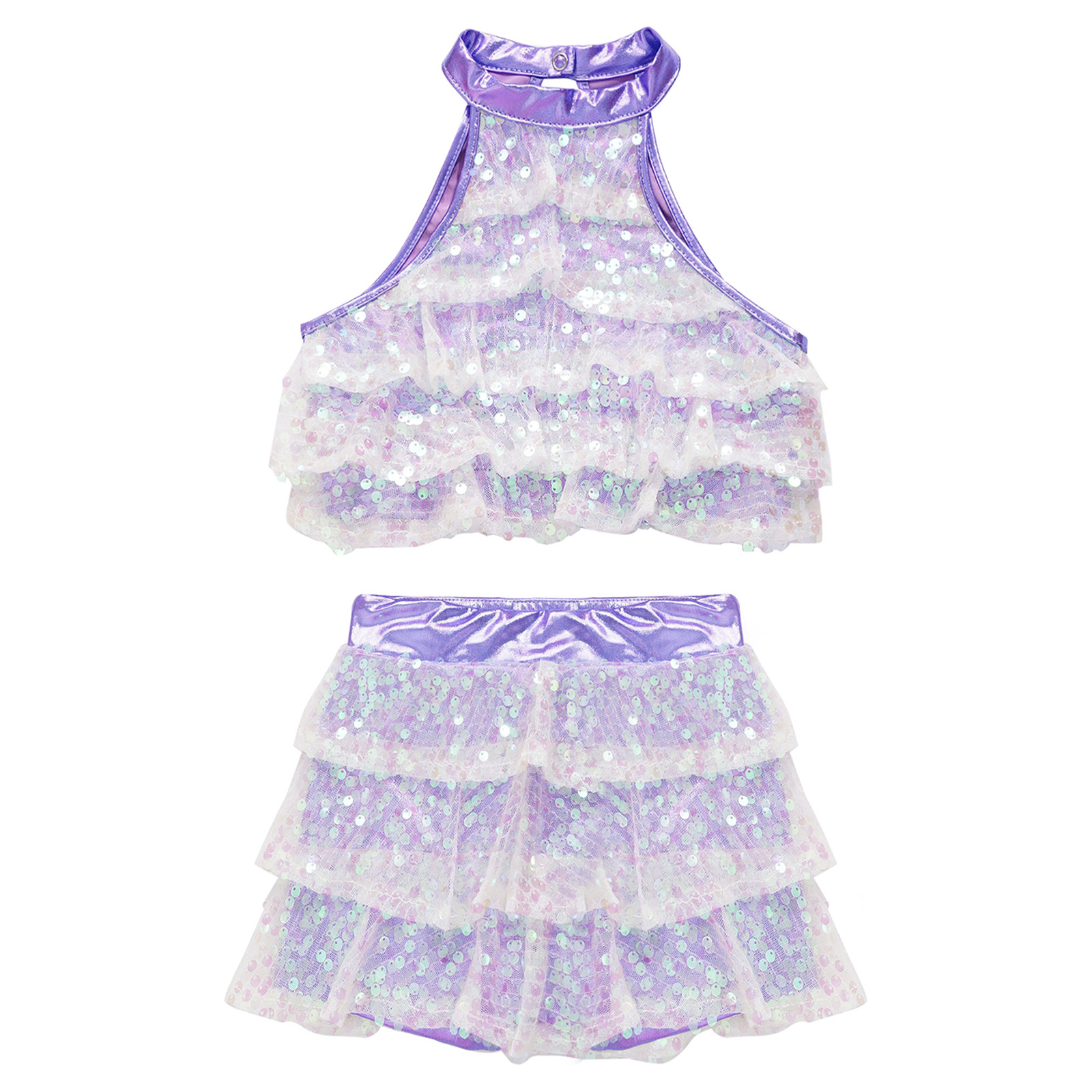 Kids Halter Shiny Sequins Gymnastics Shorty Unitards Dress Girls Ballet Leotard Stage Performance Latin Jazz Dance Costume