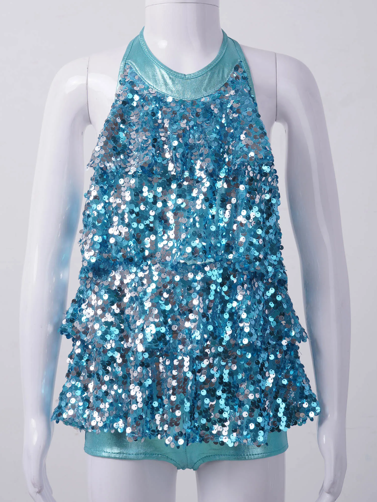 Kids Halter Shiny Sequins Gymnastics Shorty Unitards Dress Girls Ballet Leotard Stage Performance Latin Jazz Dance Costume