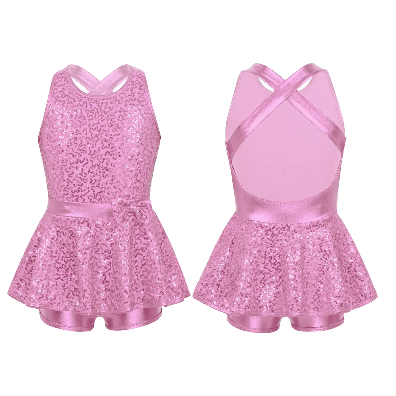 Kids Halter Shiny Sequins Gymnastics Shorty Unitards Dress Girls Ballet Leotard Stage Performance Latin Jazz Dance Costume