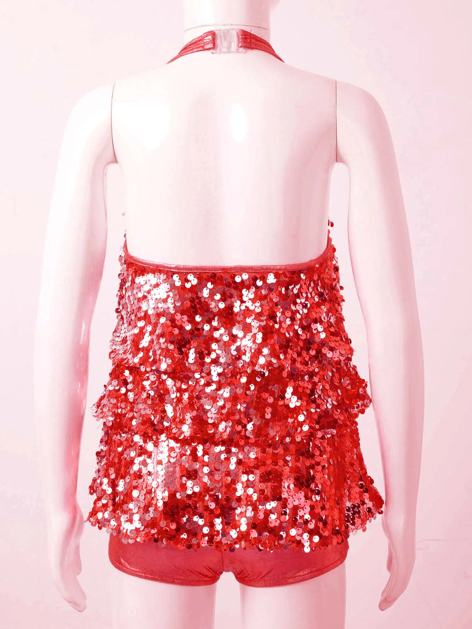 Kids Halter Shiny Sequins Gymnastics Shorty Unitards Dress Girls Ballet Leotard Stage Performance Latin Jazz Dance Costume