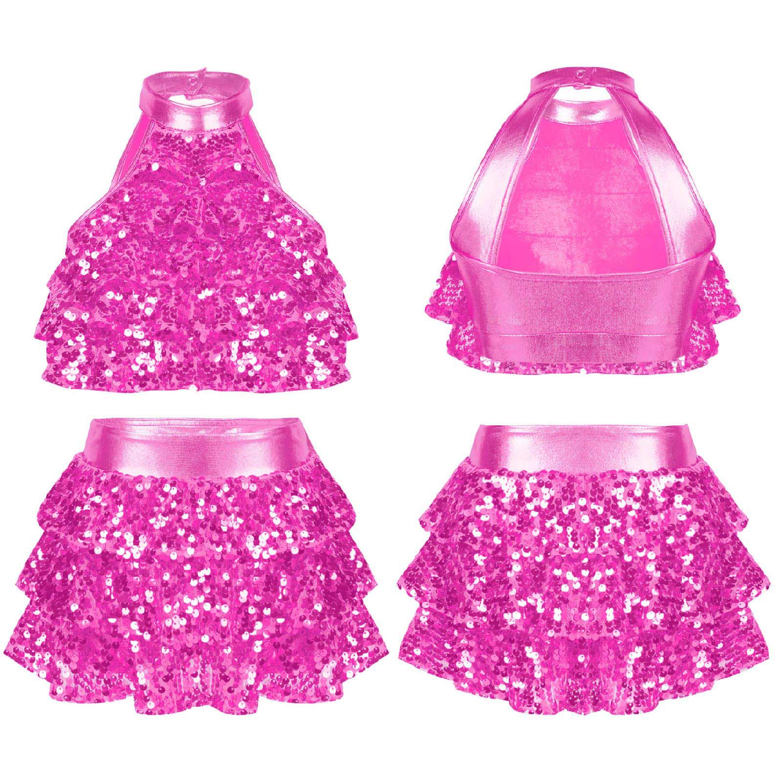 Kids Halter Shiny Sequins Gymnastics Shorty Unitards Dress Girls Ballet Leotard Stage Performance Latin Jazz Dance Costume